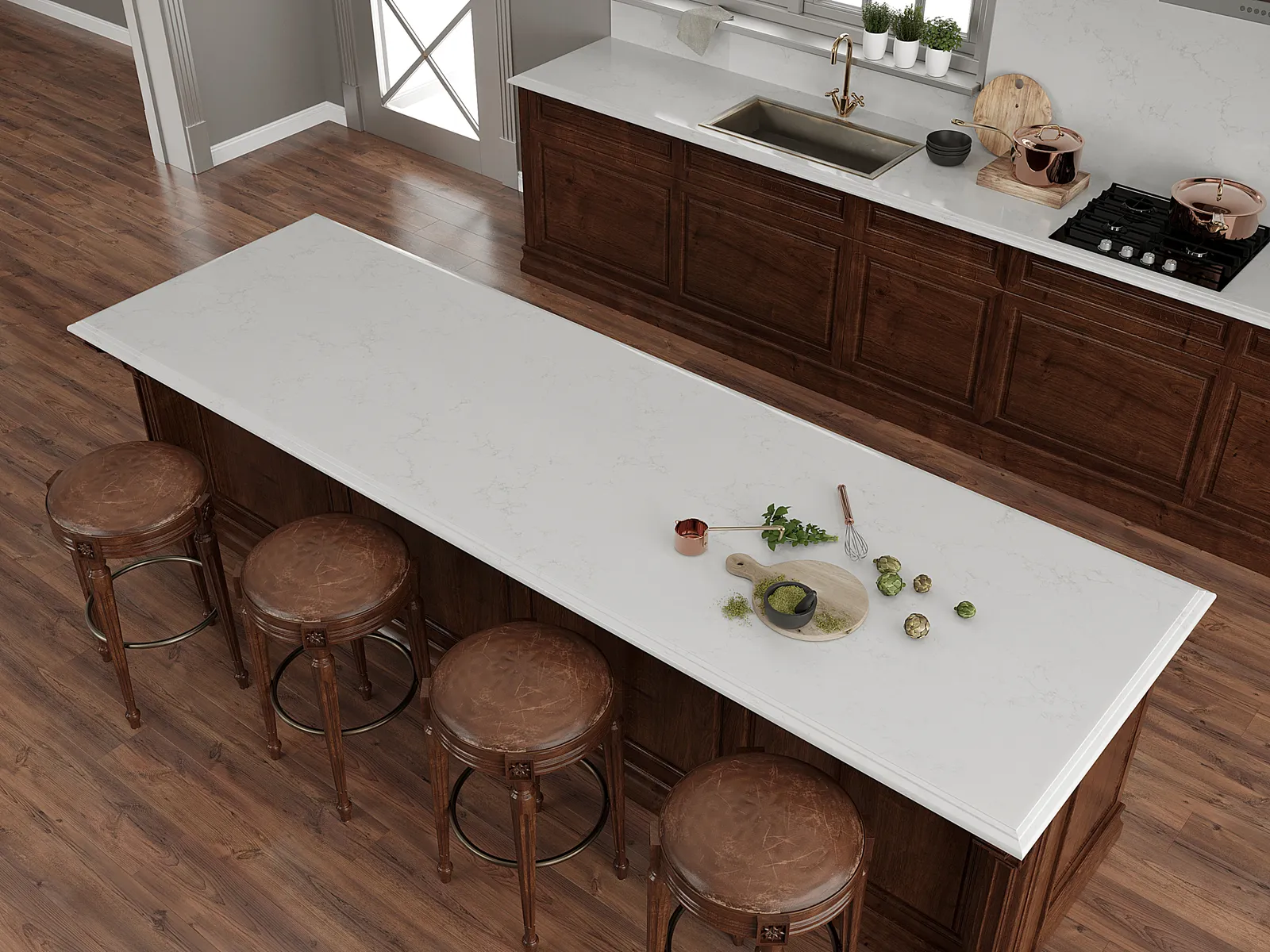 Image of installed Vicostone Aspen White Quartz countertops