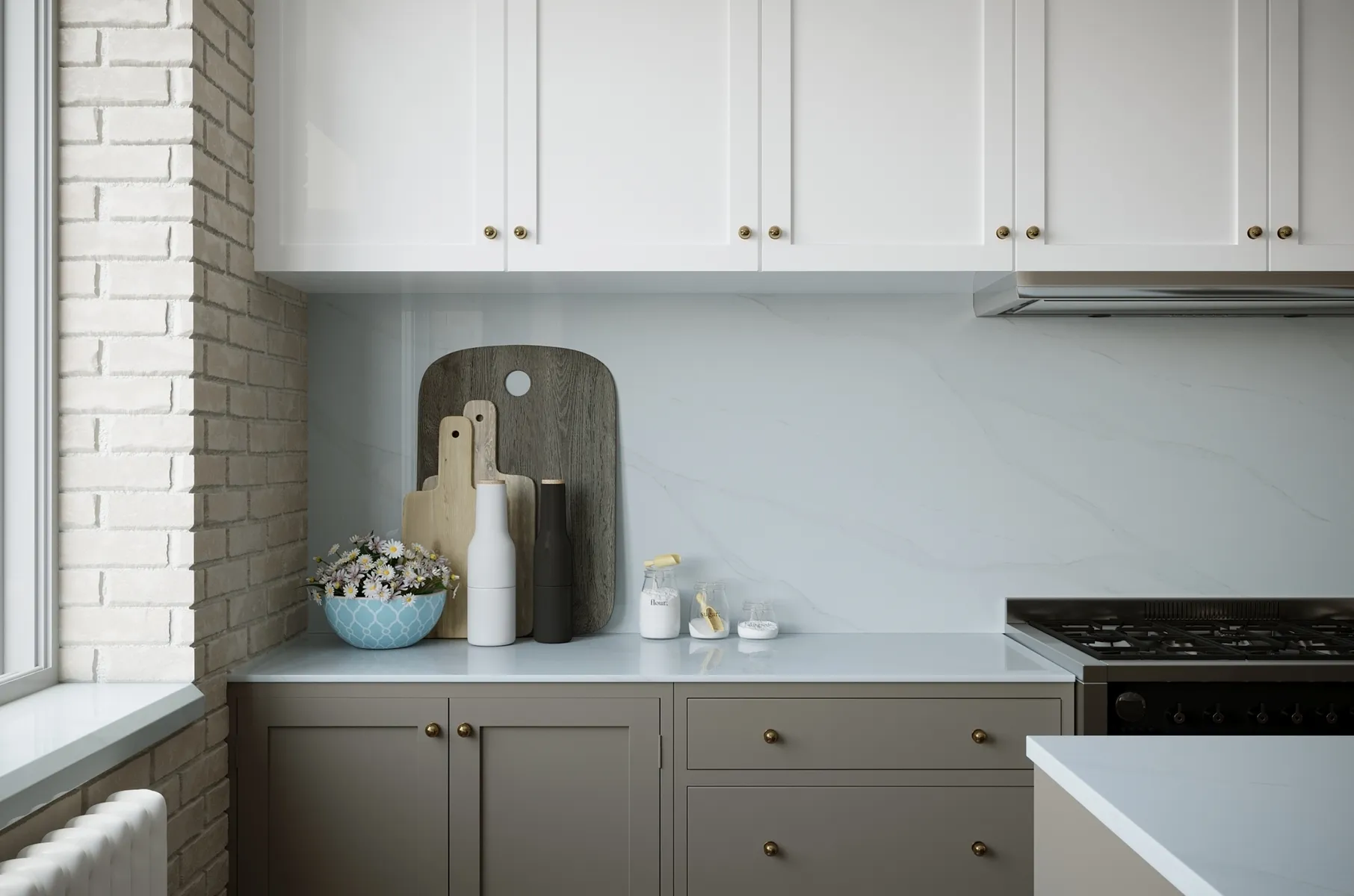 Image of installed Vicostone Bettoglio White Quartz countertops