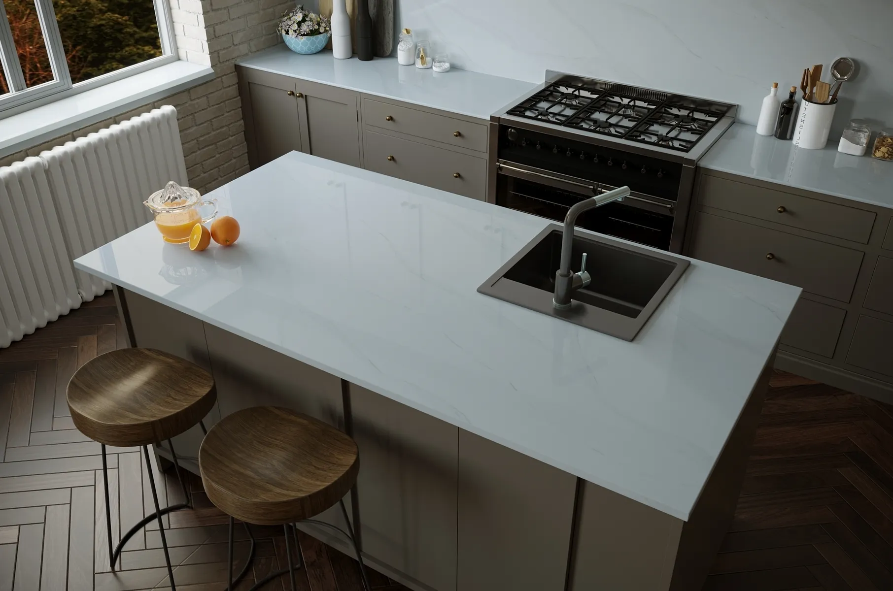 Image of installed Vicostone Bettoglio White Quartz countertops