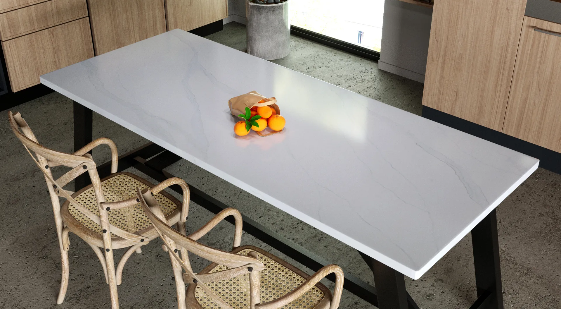 Image of installed Vicostone Bettoglio White Quartz countertops