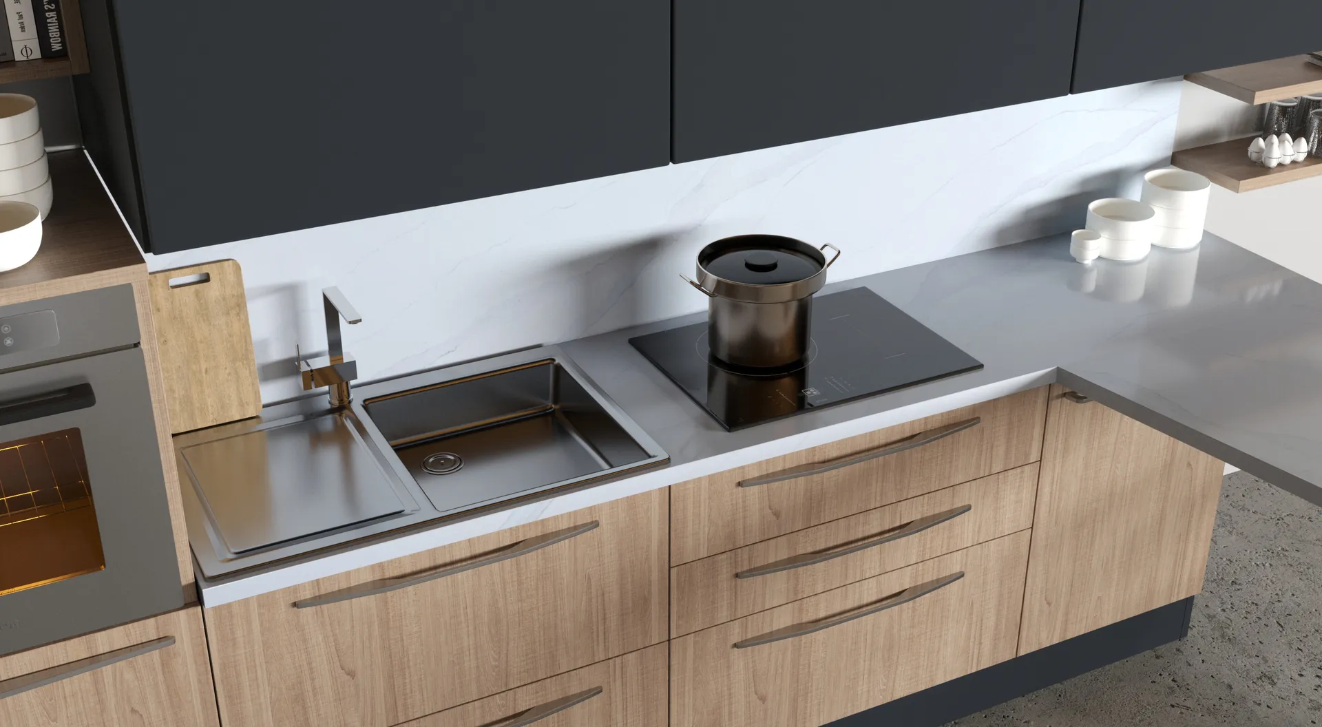 Image of installed Vicostone Bettoglio White Quartz countertops