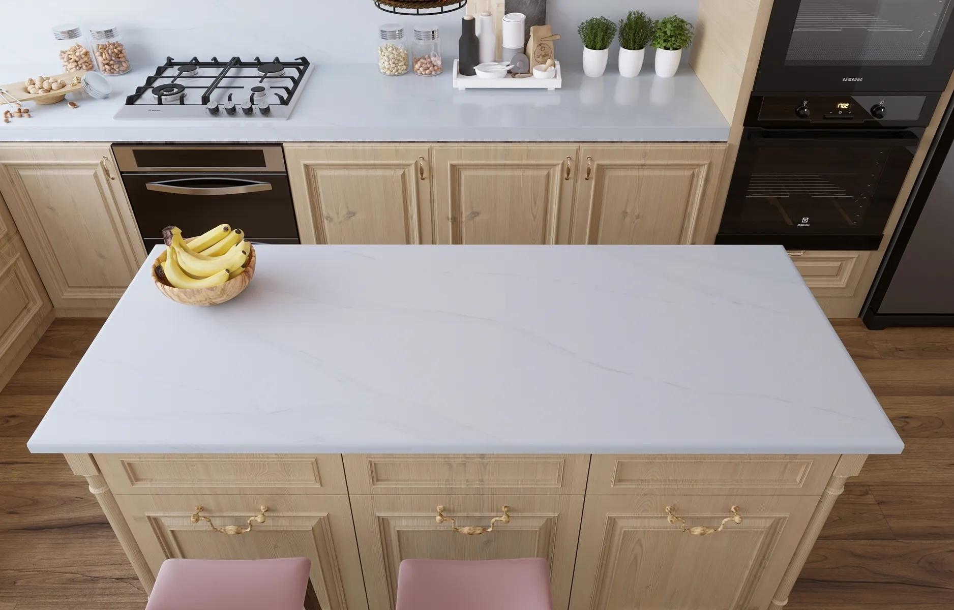 Image of installed Vicostone Bettoglio White Quartz countertops