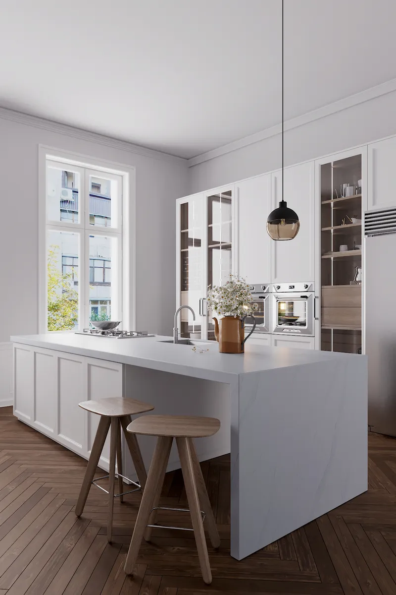 Image of installed Vicostone Bettoglio White Quartz countertops