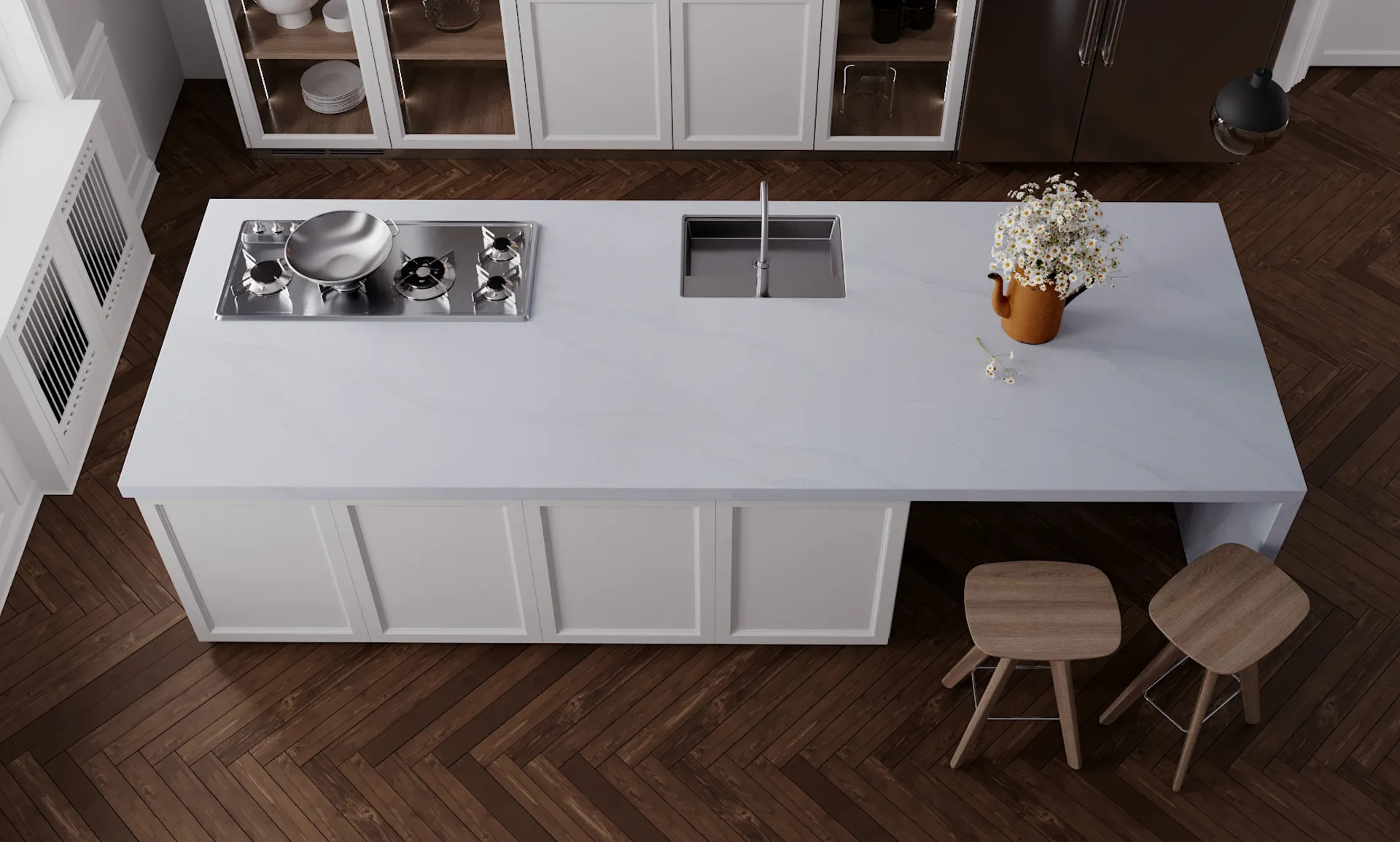 Image of installed Vicostone Bettoglio White Quartz countertops