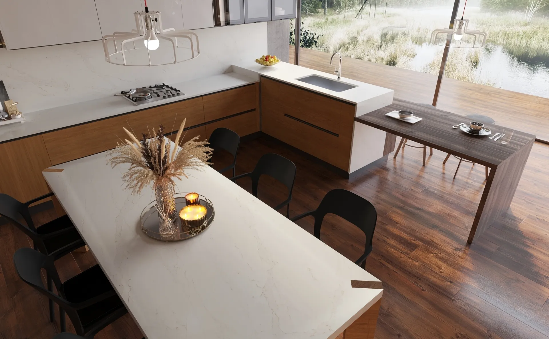 Image of installed Vicostone Calacatta Caldia White Quartz countertops