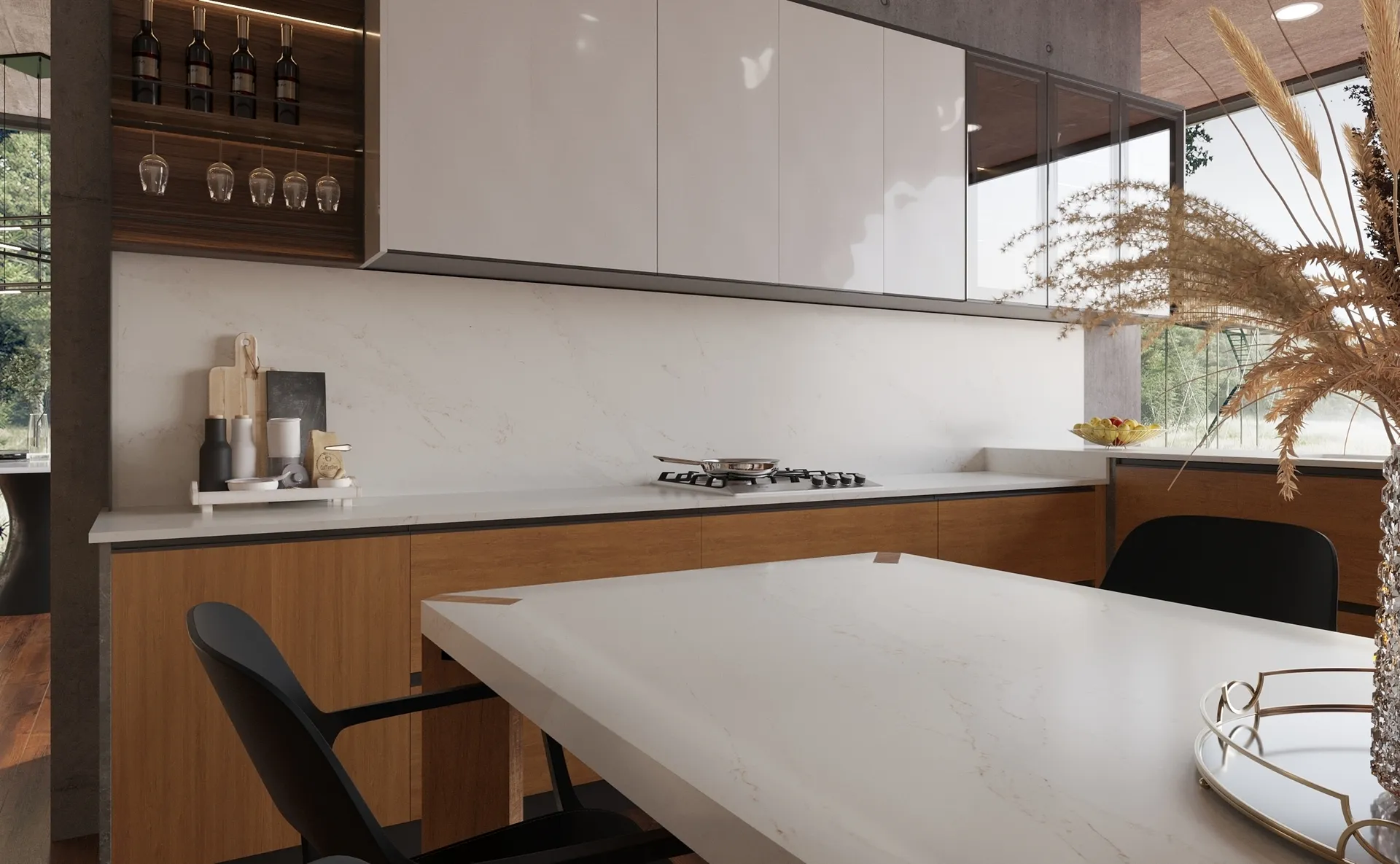 Image of installed Vicostone Calacatta Caldia White Quartz countertops