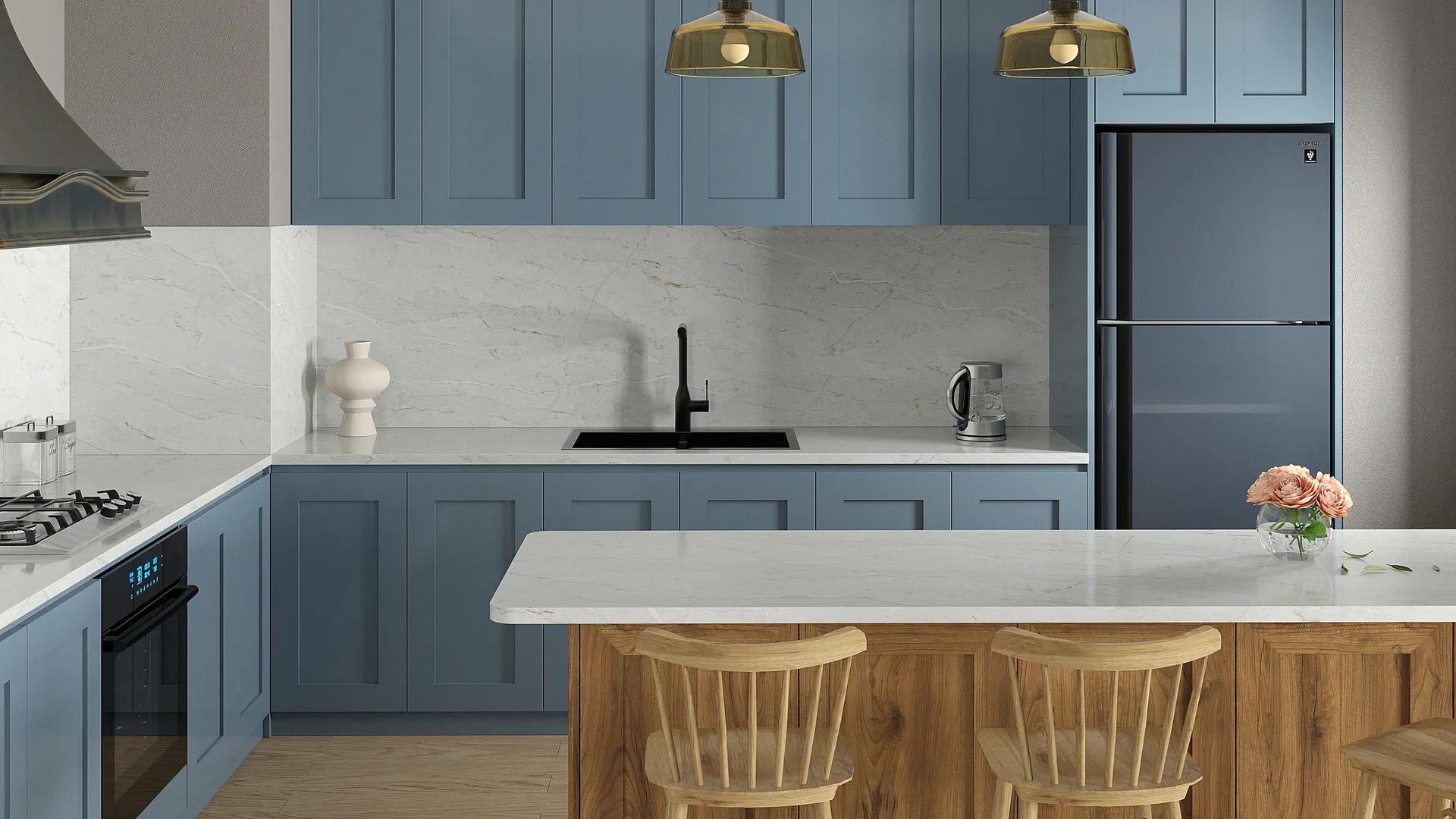 Image of installed Vicostone Camarina White Quartz countertops