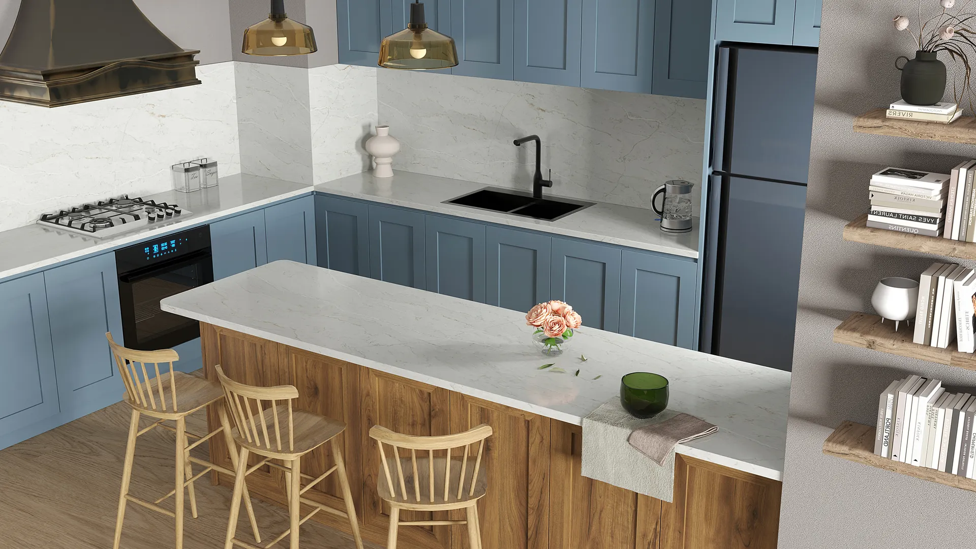 Image of installed Vicostone Camarina White Quartz countertops