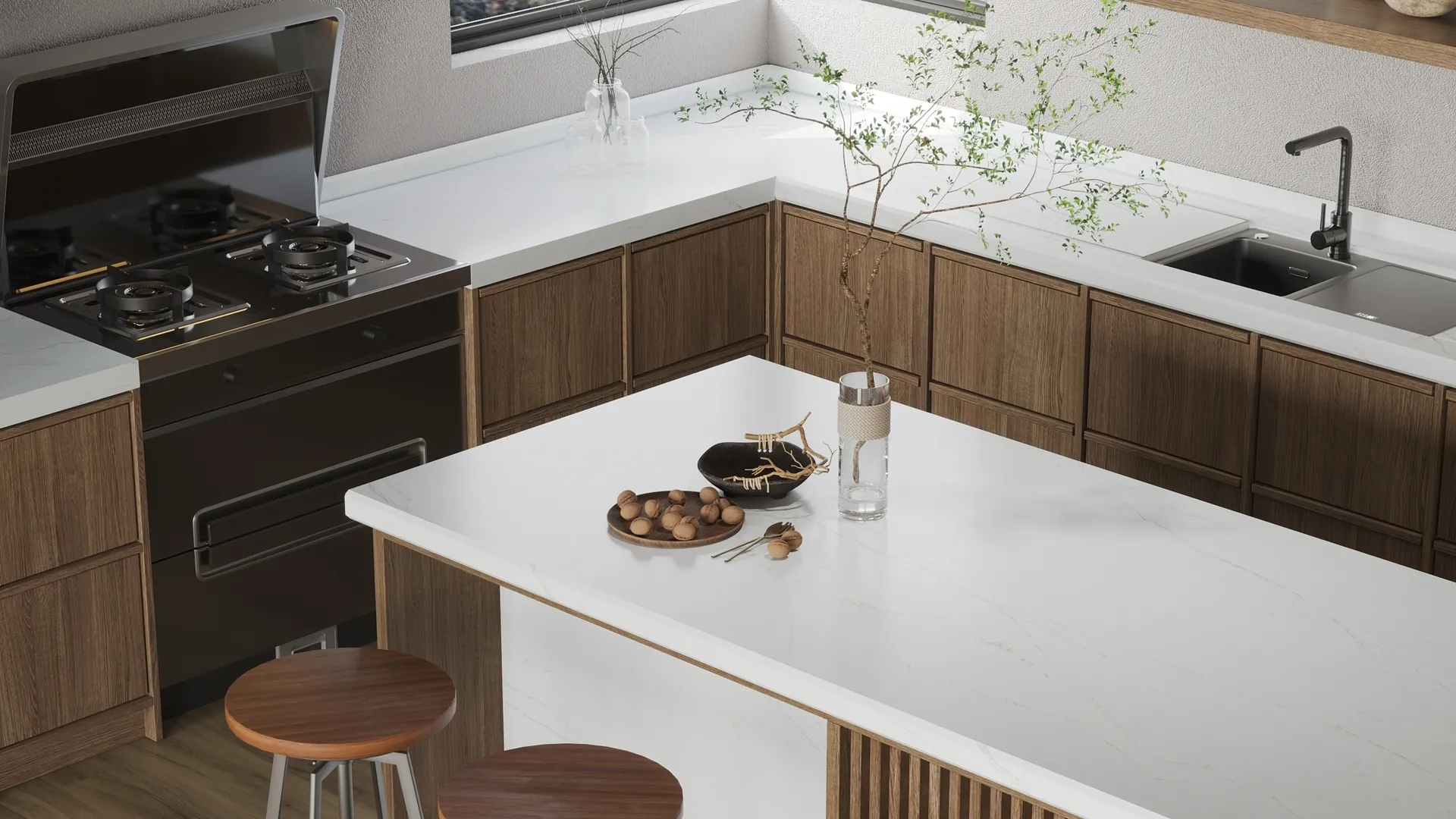Image of installed Vicostone Costa Nova White Quartz countertops