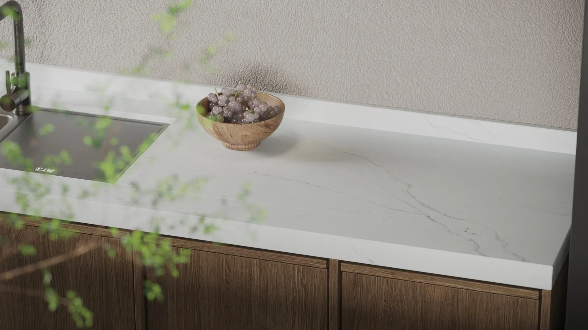 Image of installed Vicostone Costa Nova White Quartz countertops