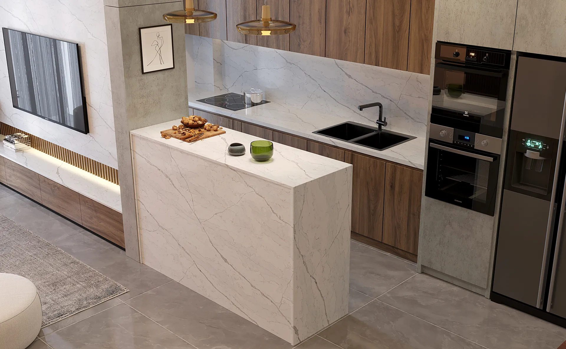 Image of installed Vicostone Covelani White Quartz countertops