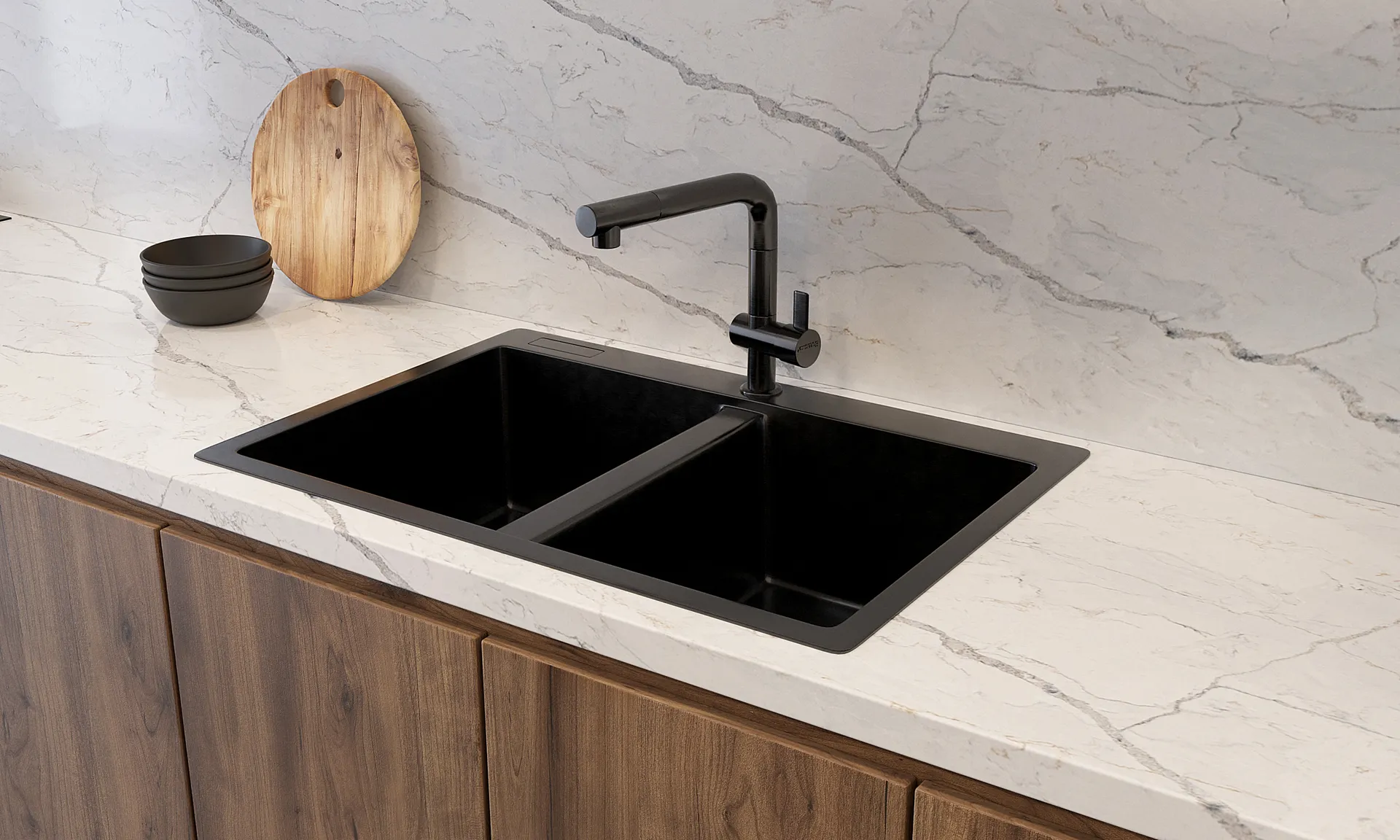 Image of installed Vicostone Covelani White Quartz countertops