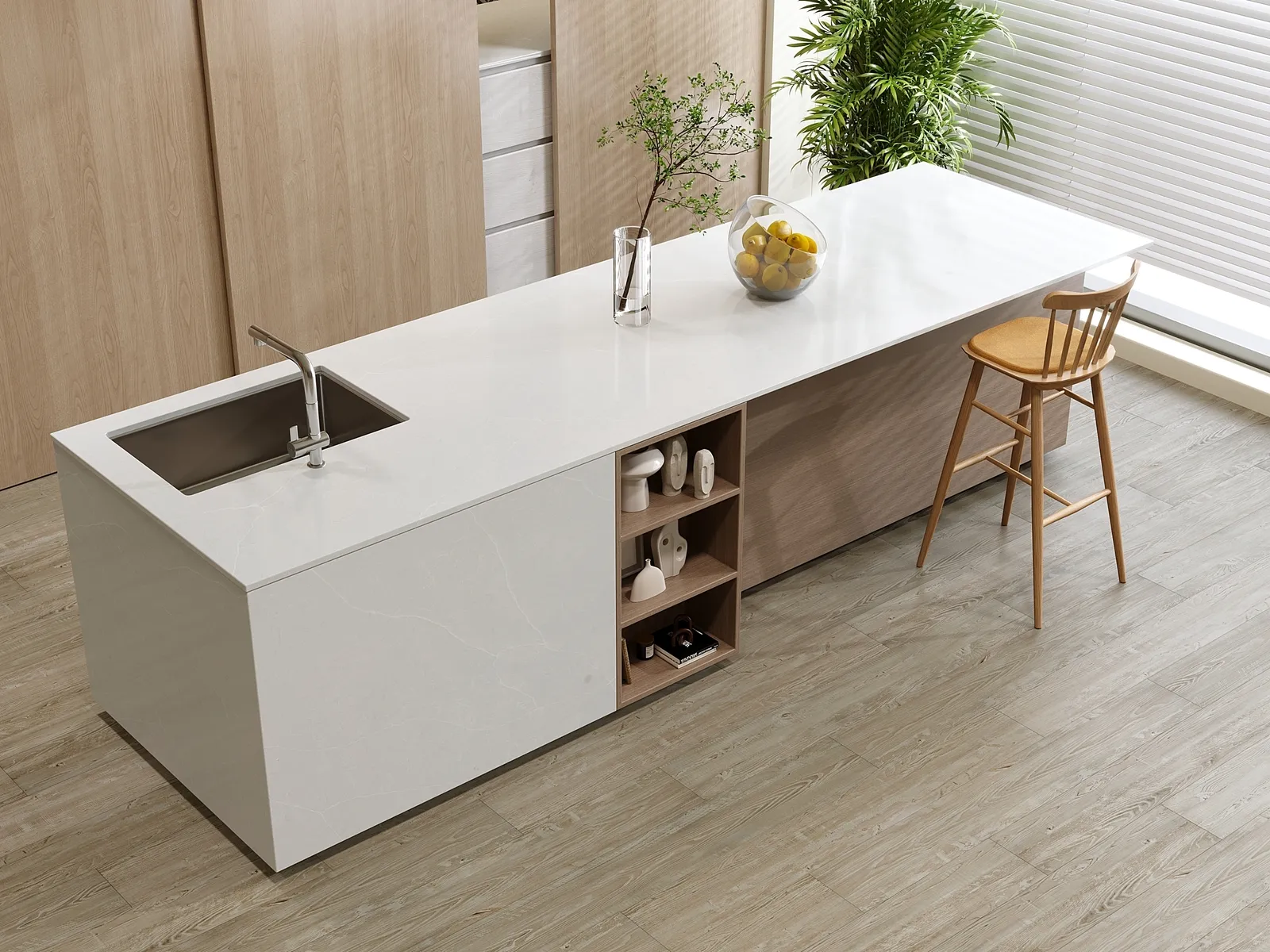 Image of installed Vicostone Delicato White Quartz countertops