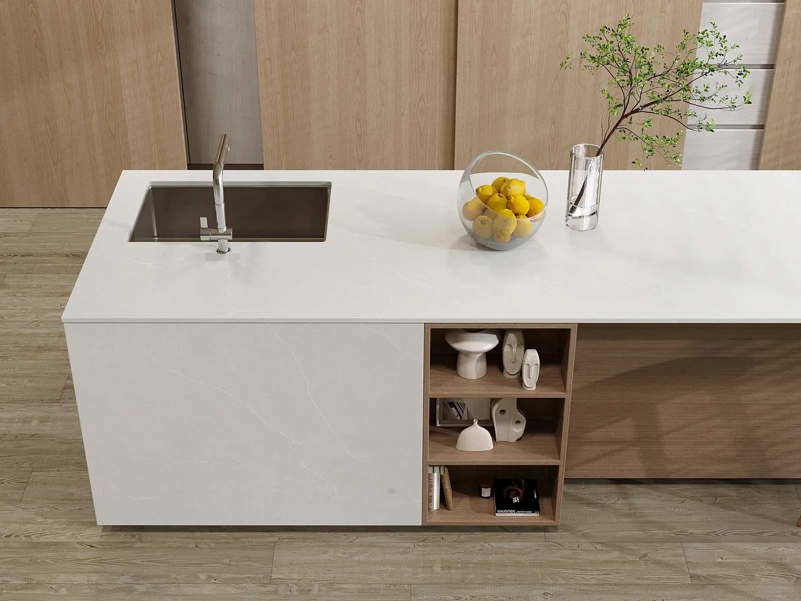 Image of installed Vicostone Delicato White Quartz countertops