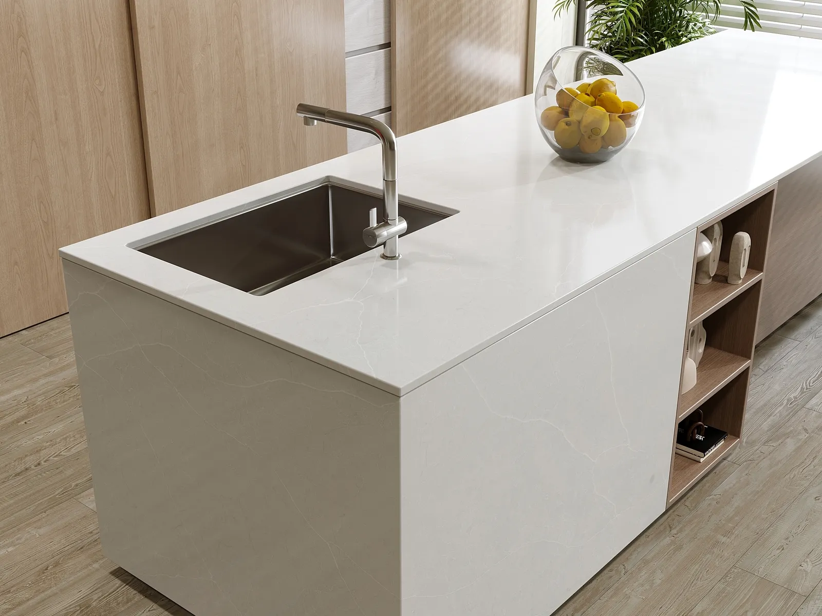 Image of installed Vicostone Delicato White Quartz countertops