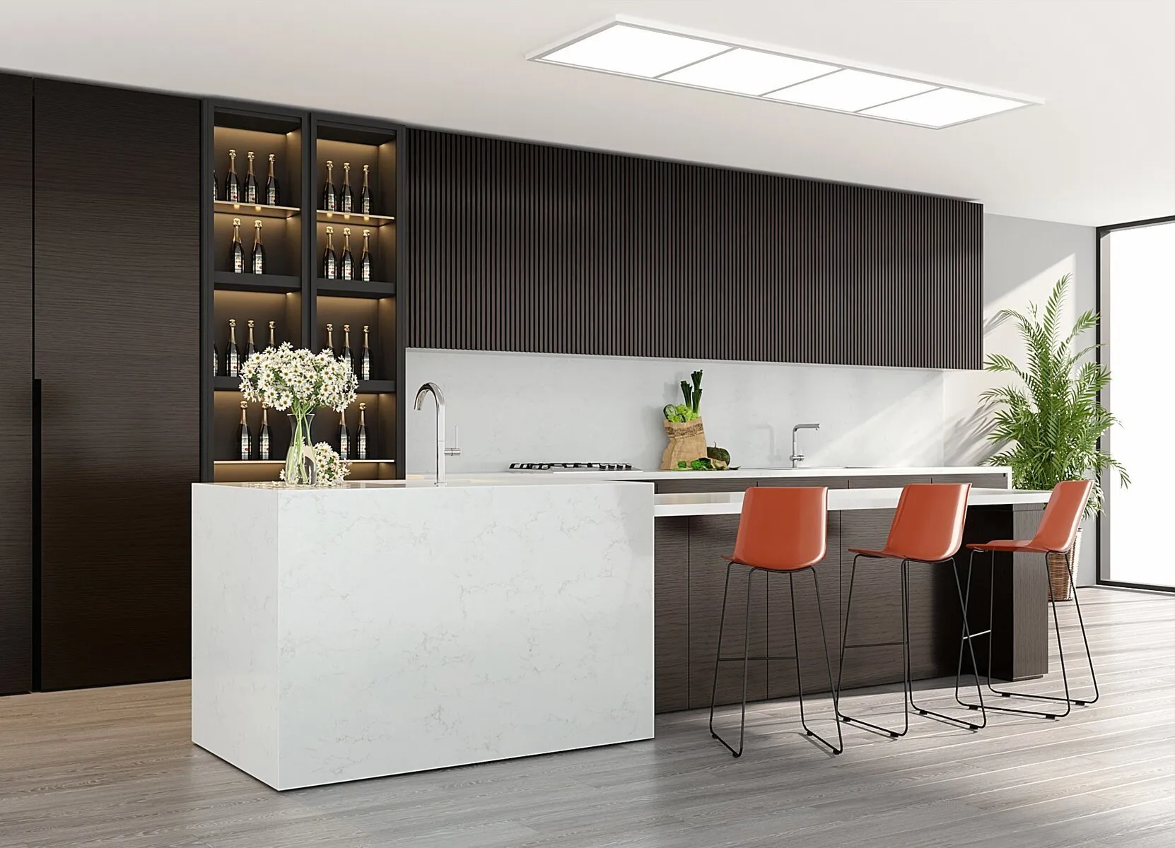 Image of installed Vicostone Elbert White Quartz countertops
