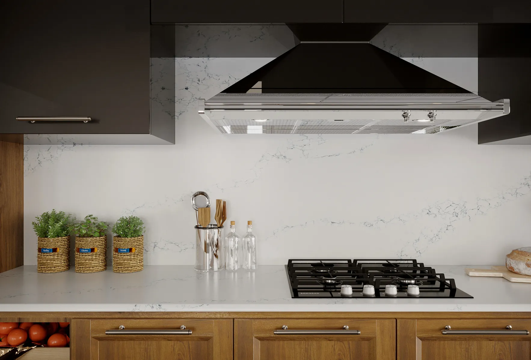 Image of installed Vicostone Limnias White Quartz countertops