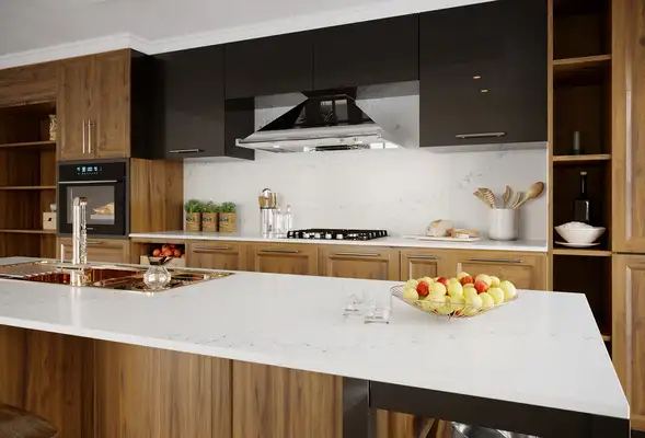 Image of installed Vicostone Limnias White Quartz countertops