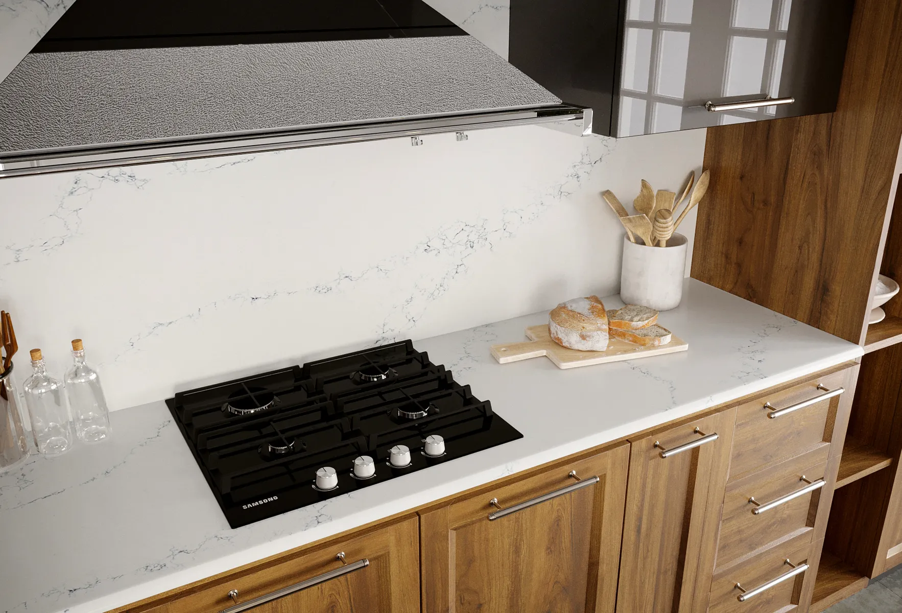 Image of installed Vicostone Limnias White Quartz countertops
