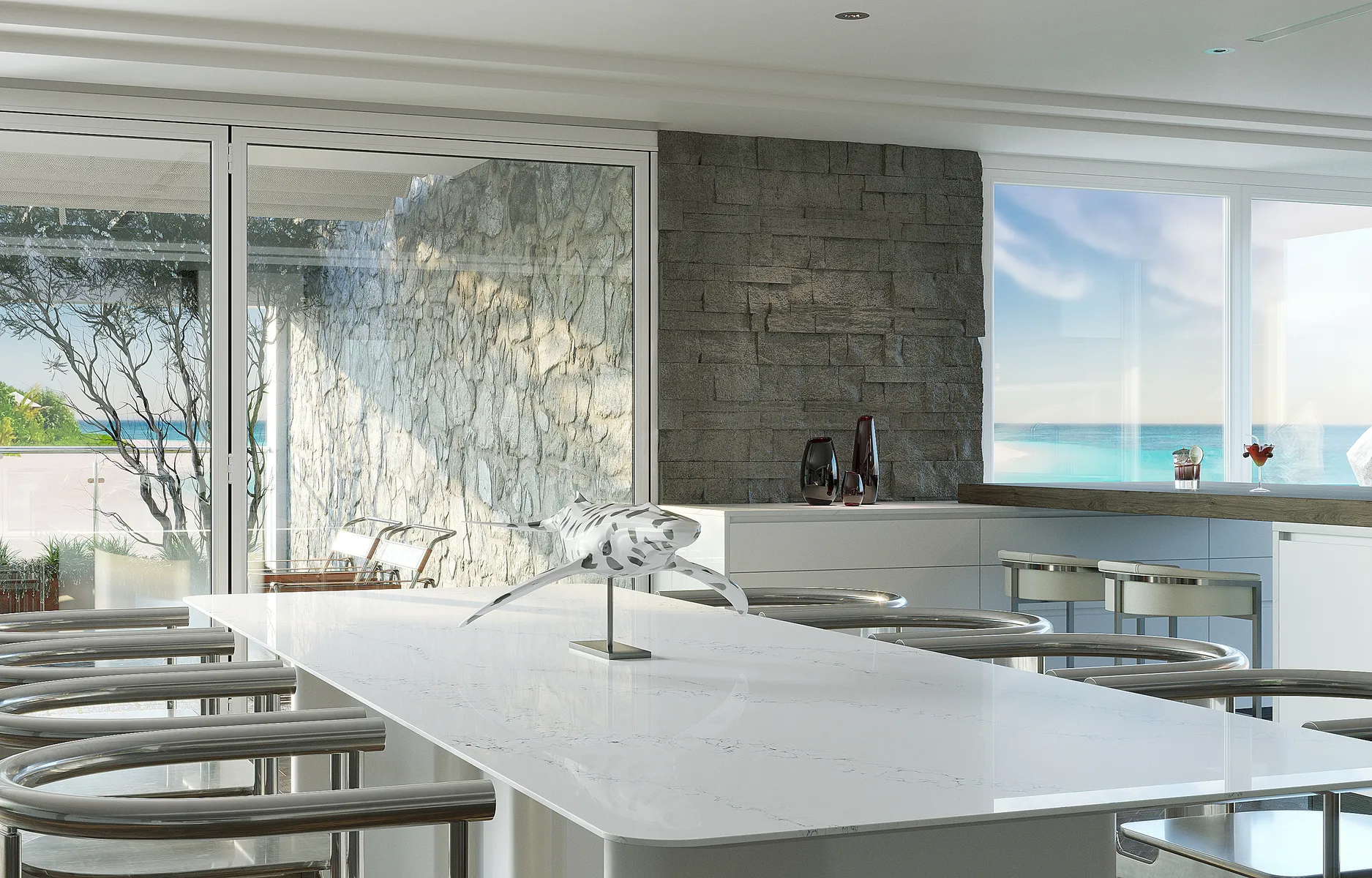 Image of installed Vicostone Limnias White Quartz countertops
