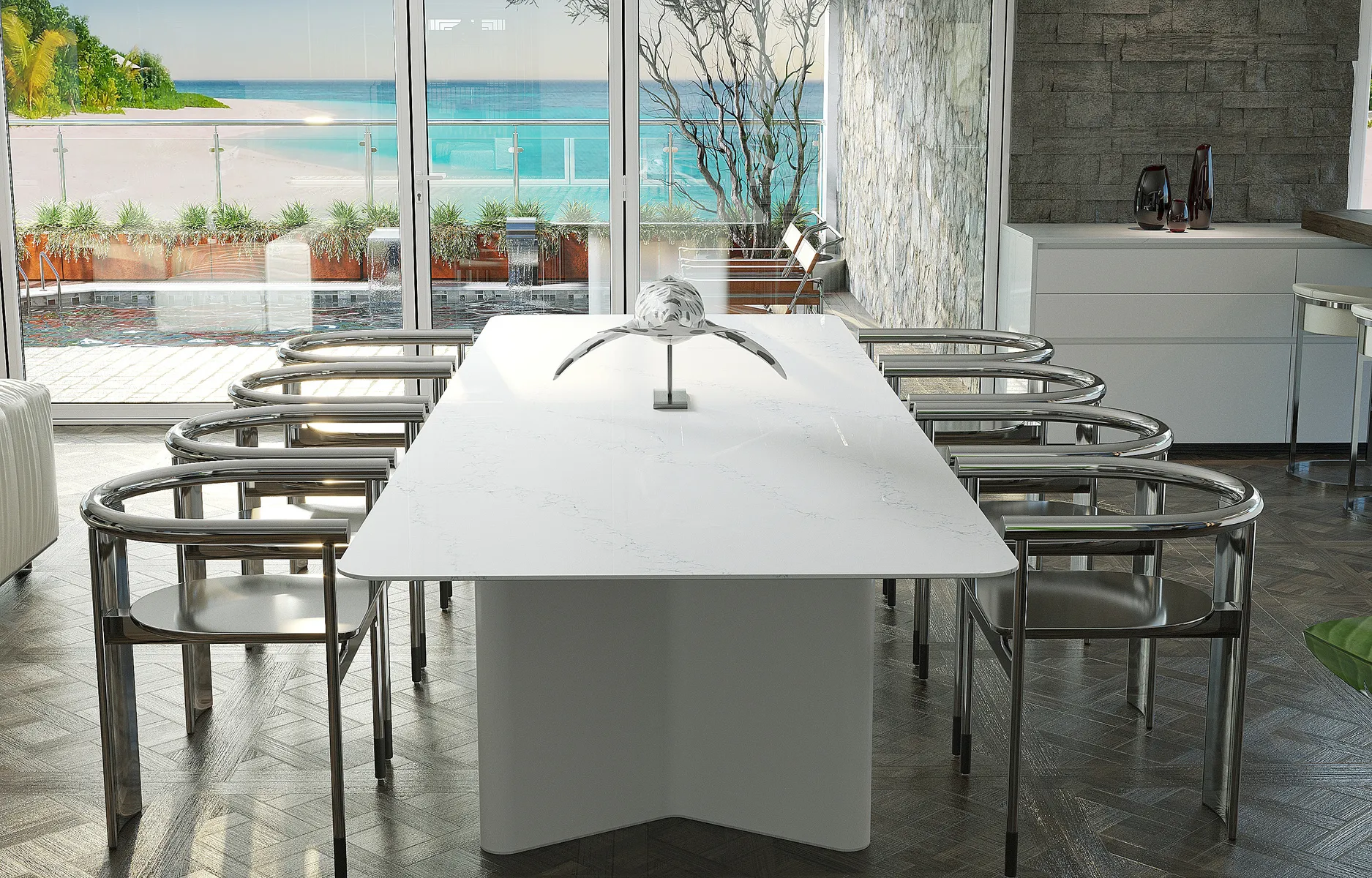 Image of installed Vicostone Limnias White Quartz countertops