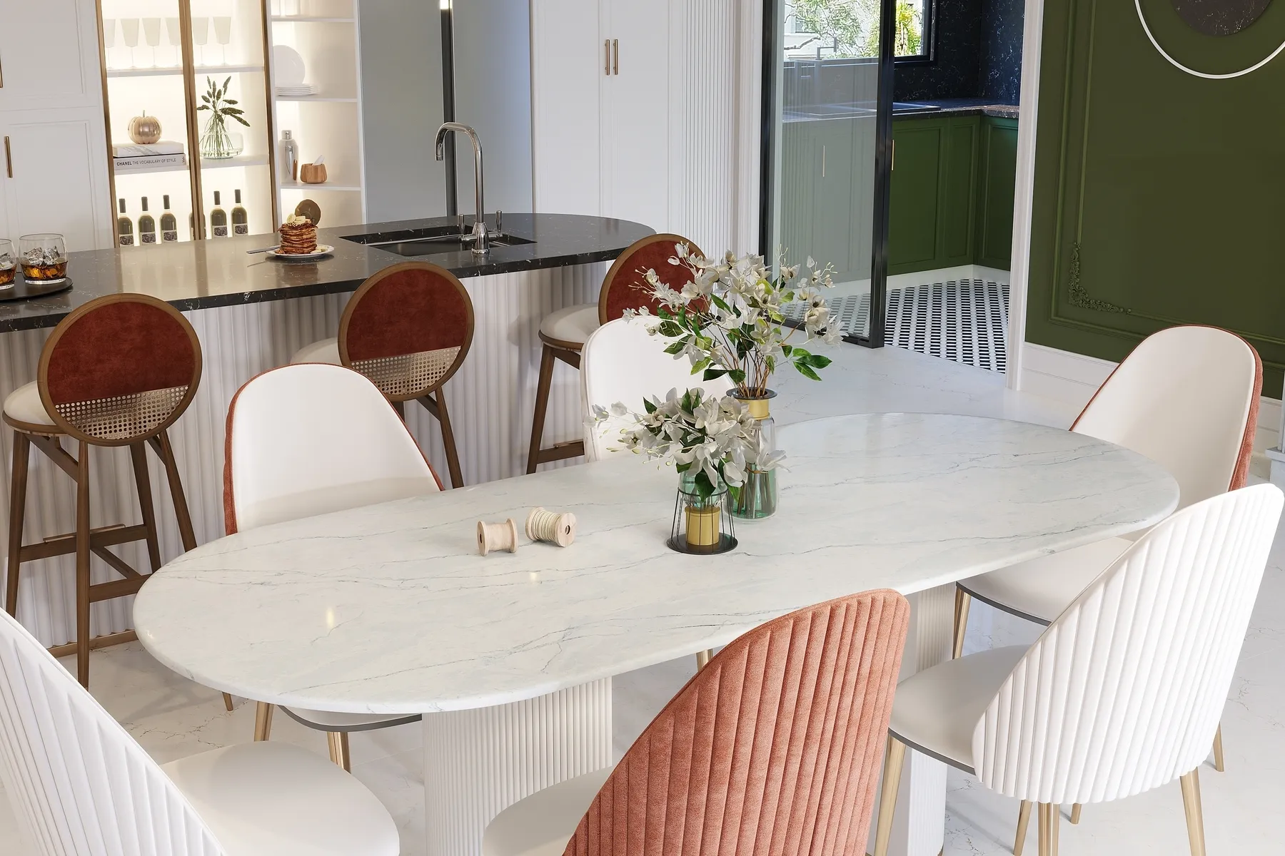 Image of installed Vicostone Marino White Quartz countertops