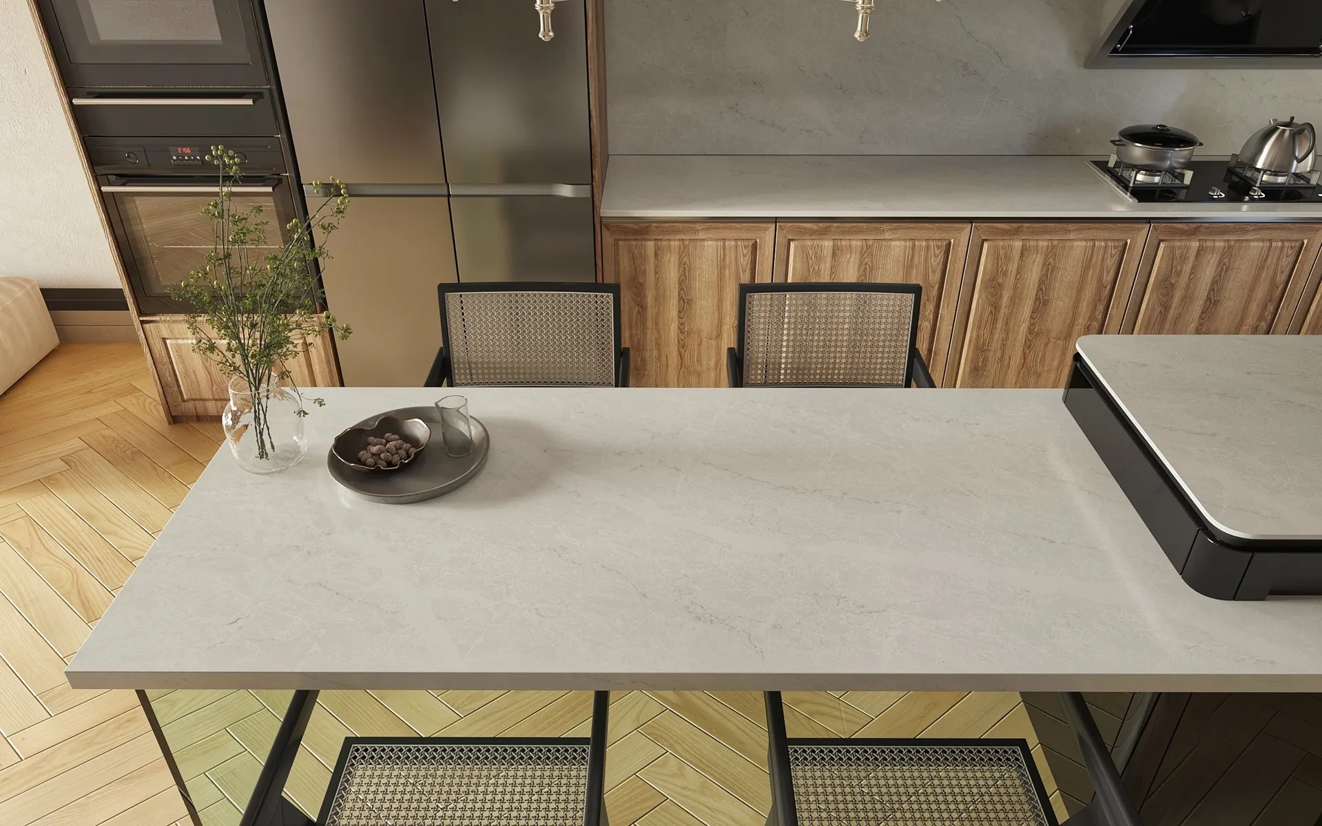 Image of installed Vicostone Merazo White Quartz countertops