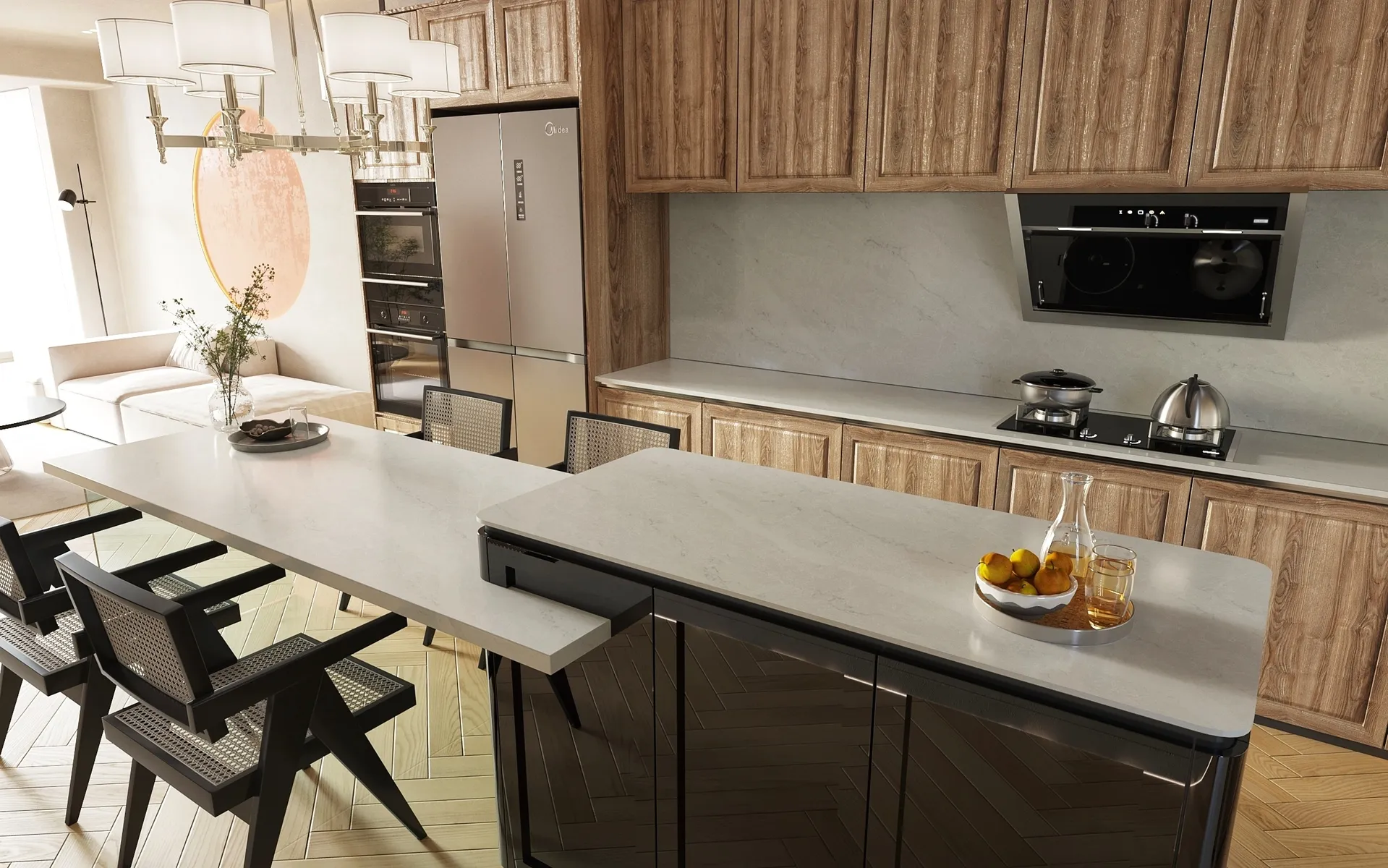 Image of installed Vicostone Merazo White Quartz countertops