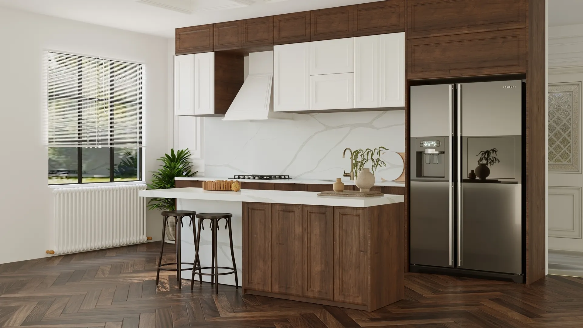 Image of installed Vicostone Michelangelo White Quartz countertops