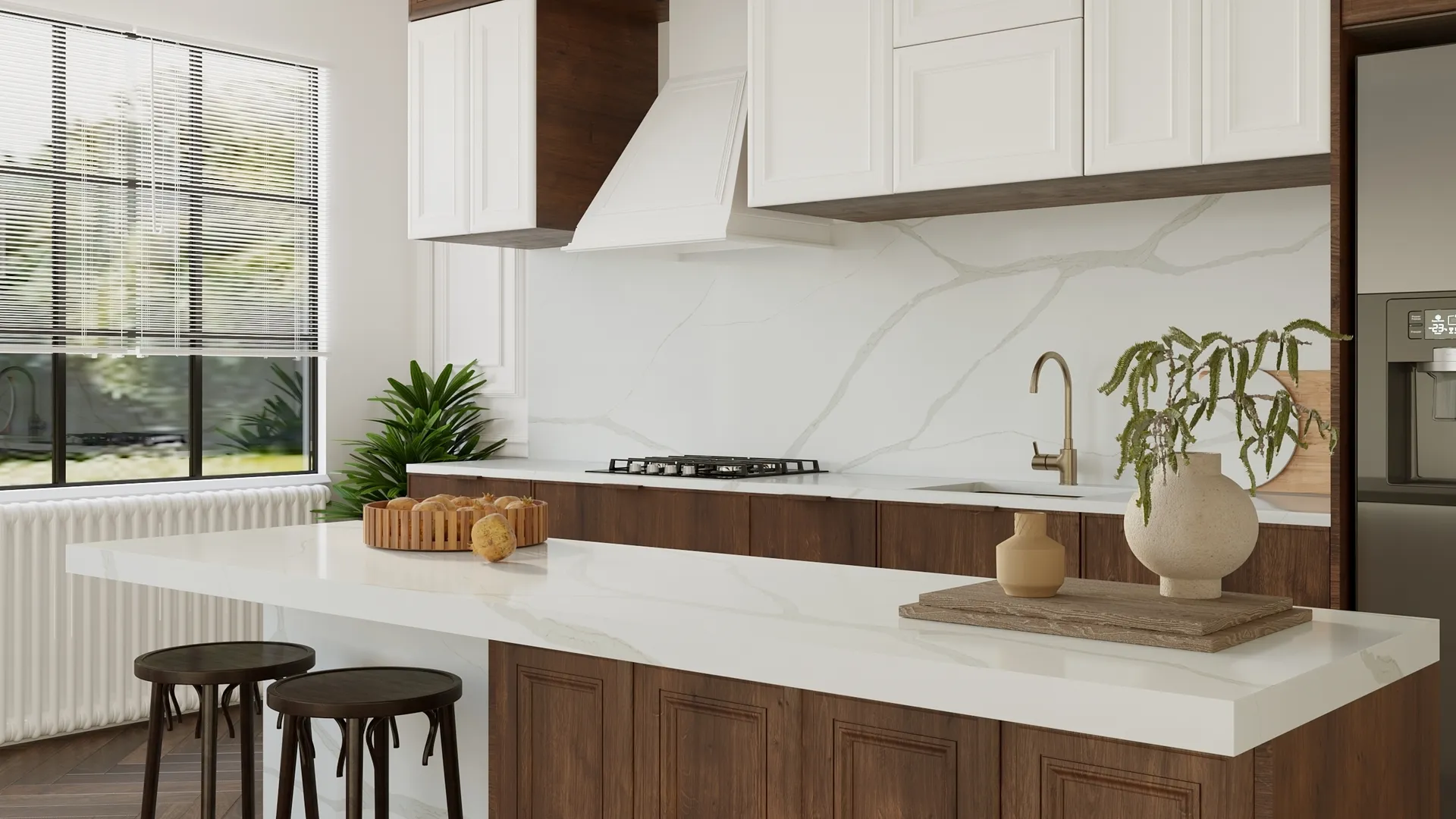 Image of installed Vicostone Michelangelo White Quartz countertops