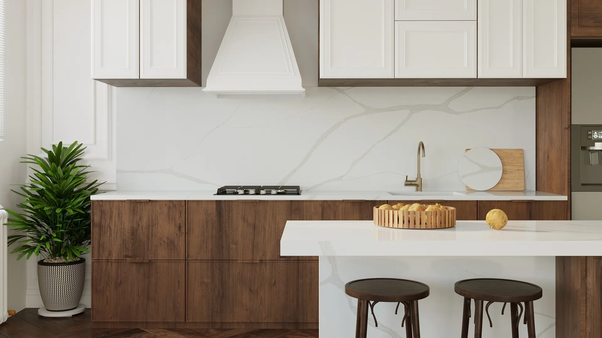 Image of installed Vicostone Michelangelo White Quartz countertops