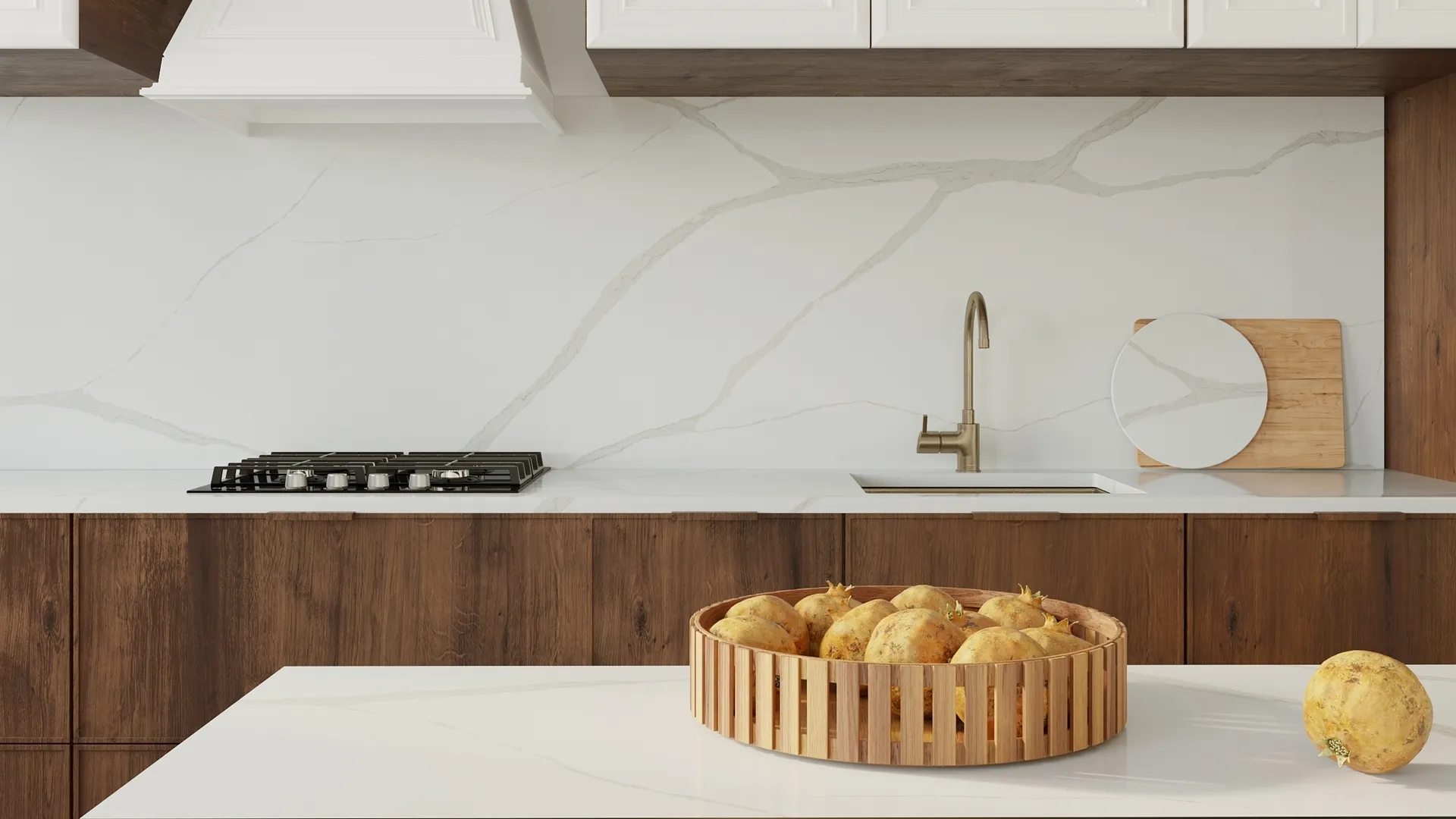 Image of installed Vicostone Michelangelo White Quartz countertops