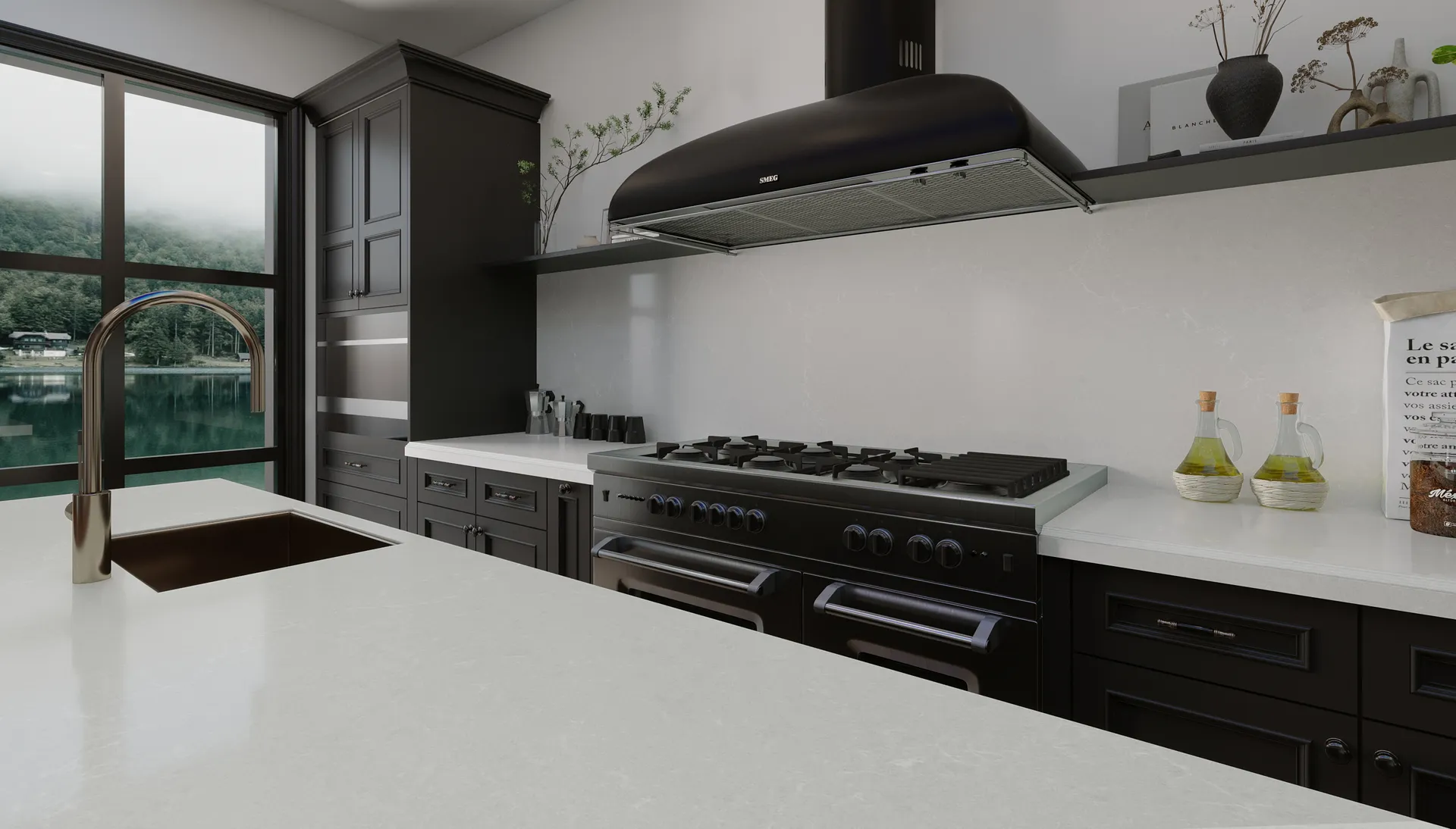 Image of installed Vicostone Misterio Avo Grey Quartz countertops