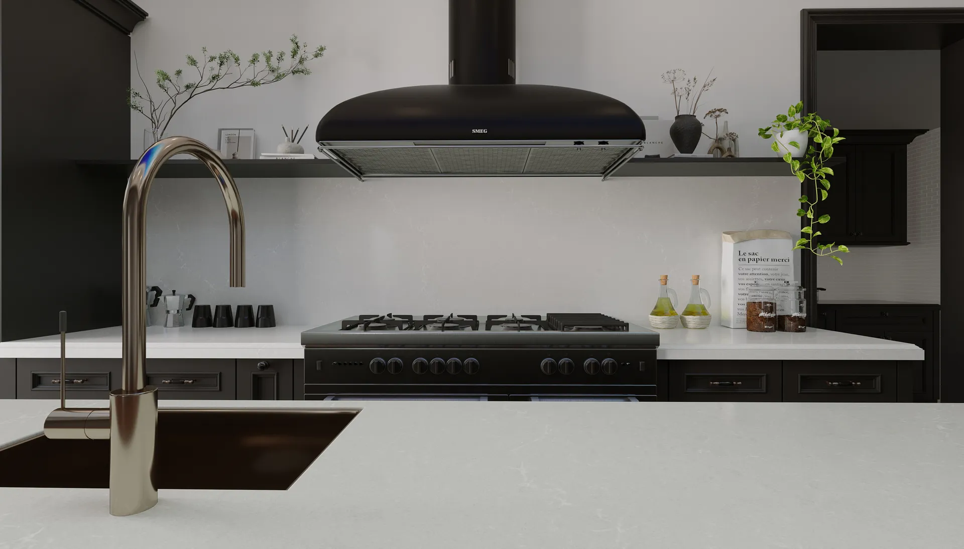 Image of installed Vicostone Misterio Avo Grey Quartz countertops