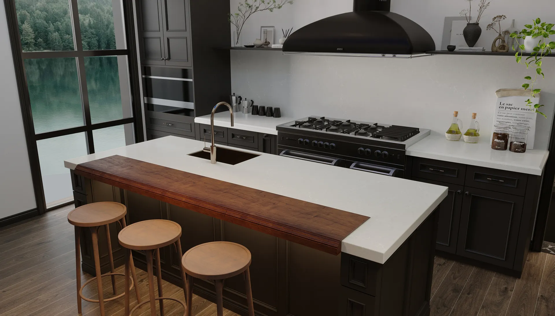 Image of installed Vicostone Misterio Avo Grey Quartz countertops