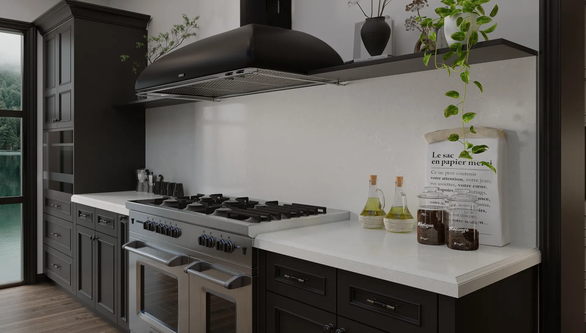 Image of installed Vicostone Misterio Avo Grey Quartz countertops