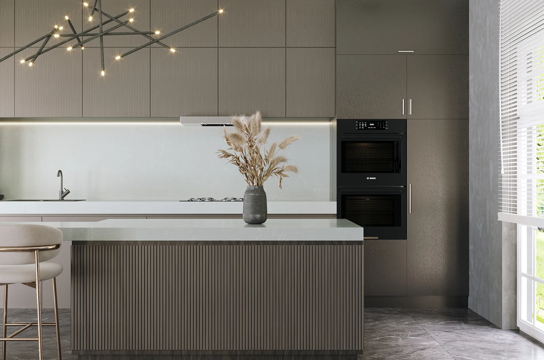Image of installed Vicostone Misterio Pearl Grey Quartz countertops