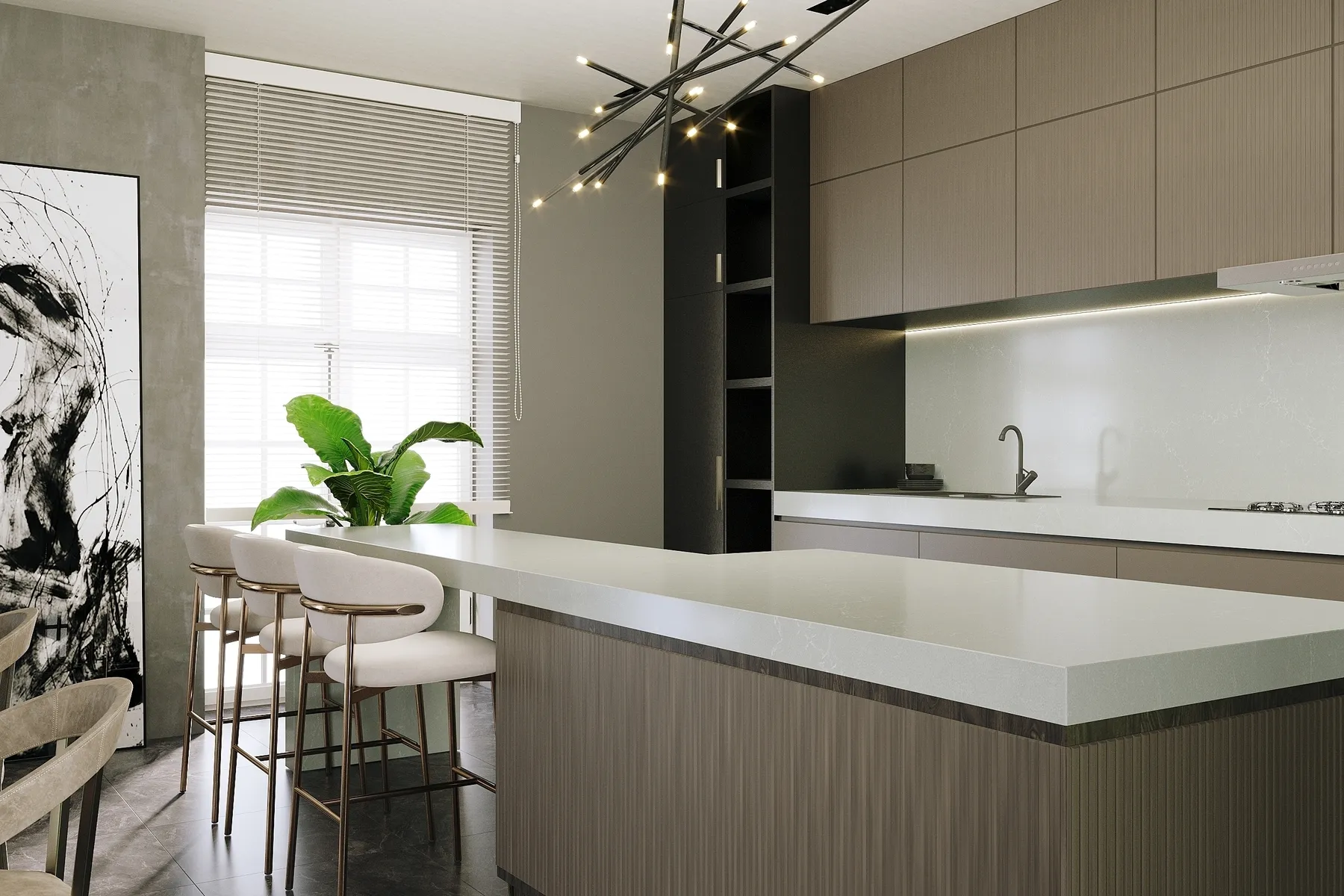 Image of installed Vicostone Misterio Pearl Grey Quartz countertops