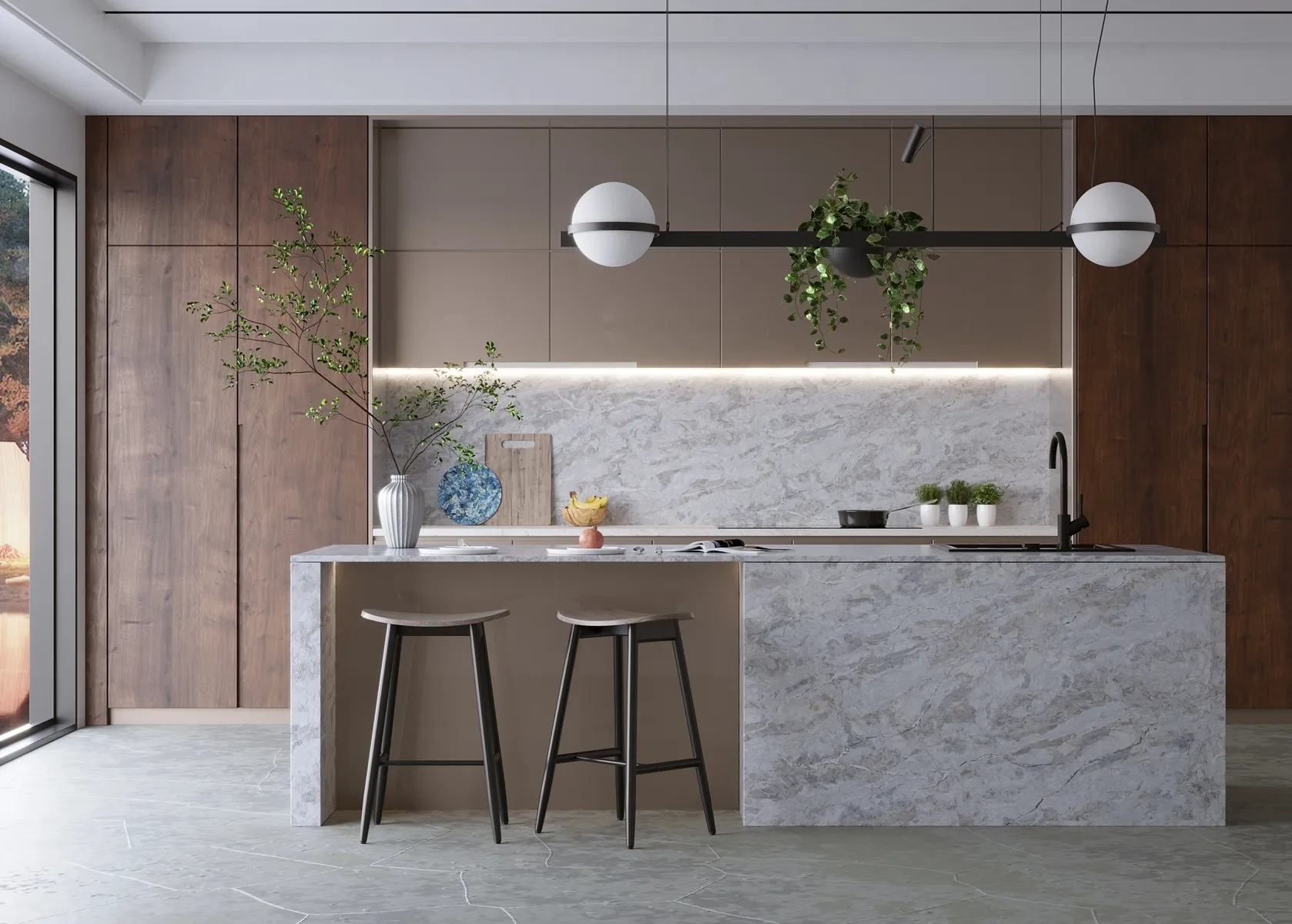 Image of installed Vicostone Moonglade White Quartz countertops