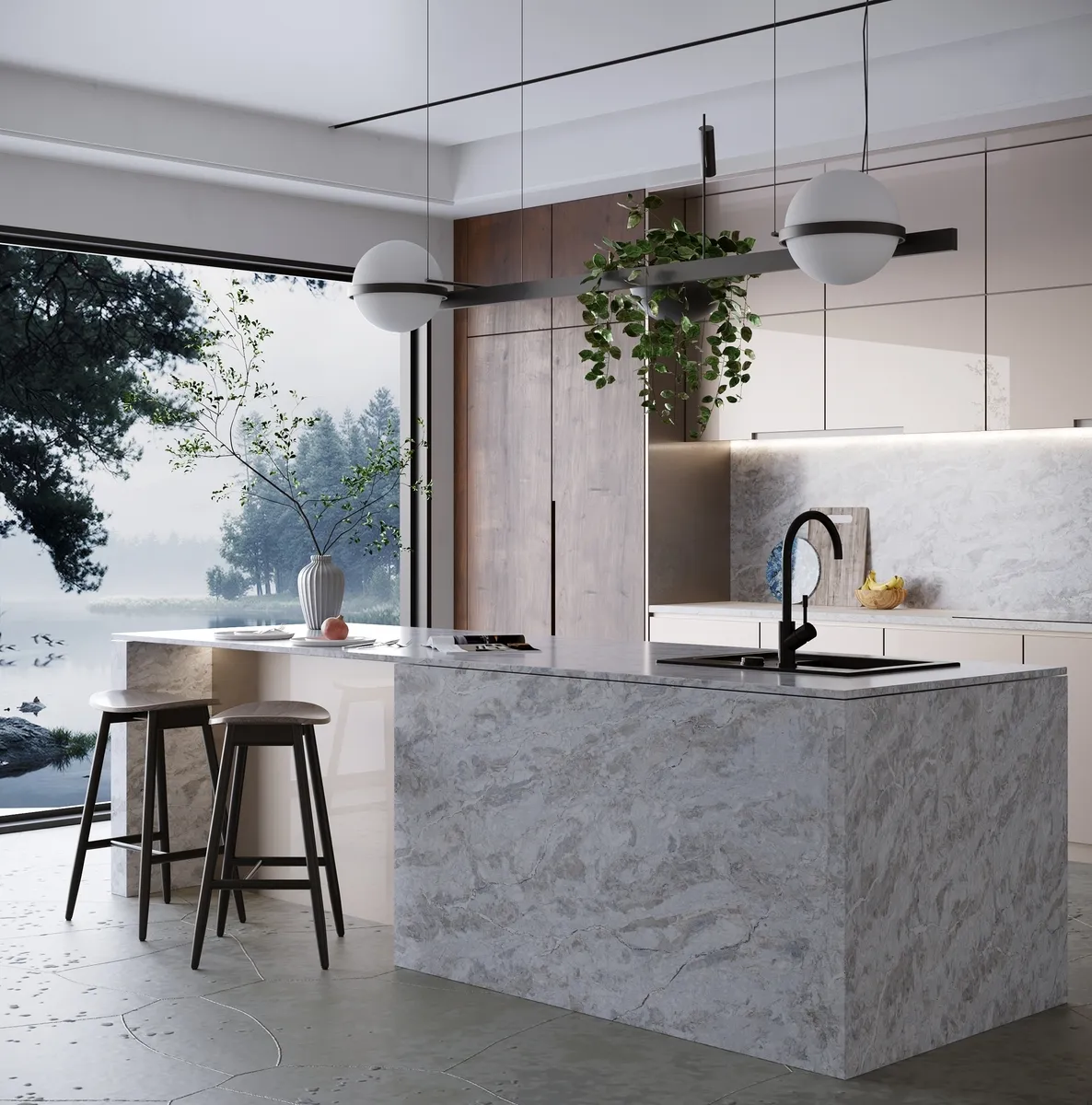 Image of installed Vicostone Moonglade White Quartz countertops