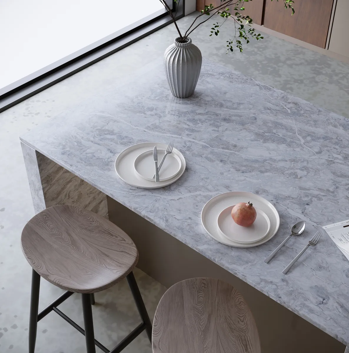 Image of installed Vicostone Moonglade White Quartz countertops