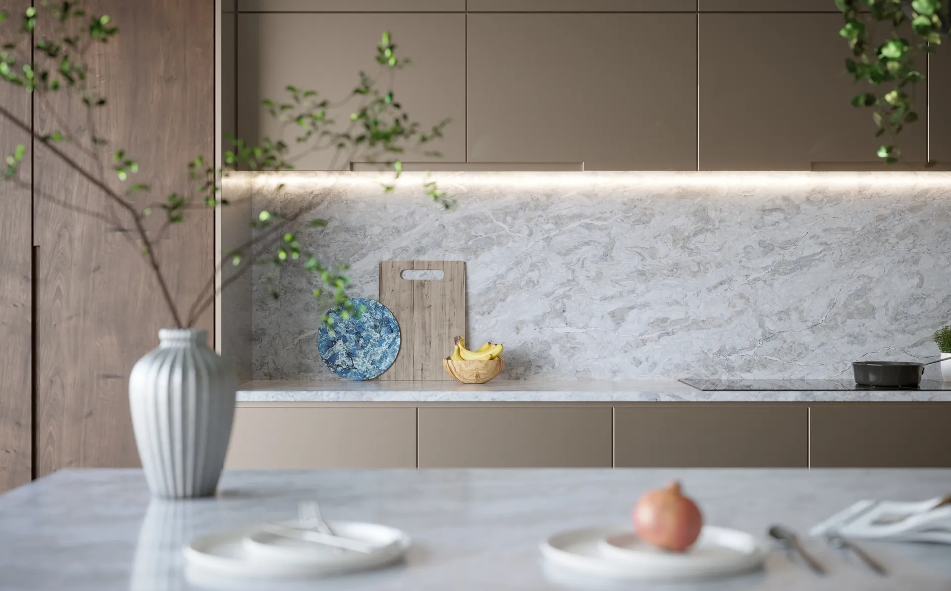 Image of installed Vicostone Moonglade White Quartz countertops
