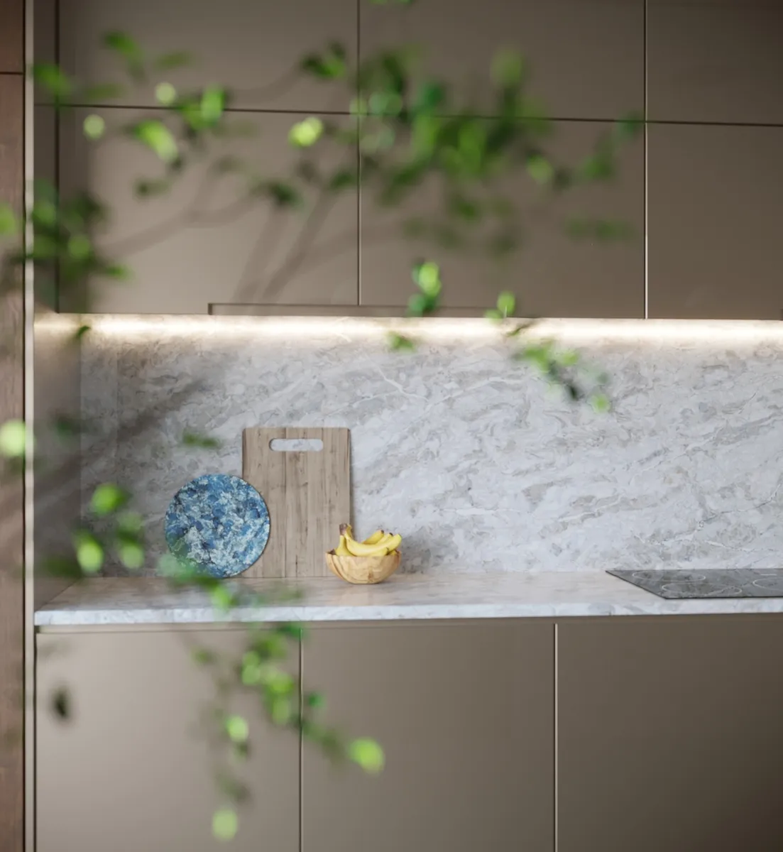 Image of installed Vicostone Moonglade White Quartz countertops
