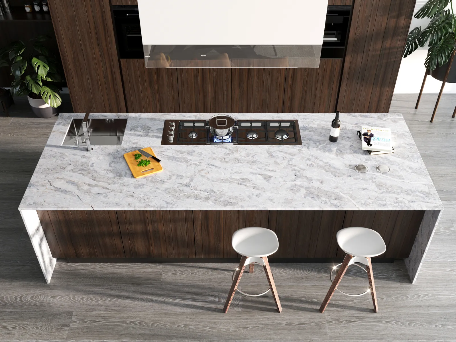 Image of installed Vicostone Moonglade White Quartz countertops