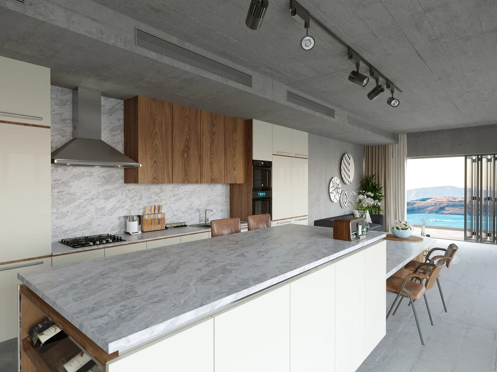Image of installed Vicostone Moonglade White Quartz countertops