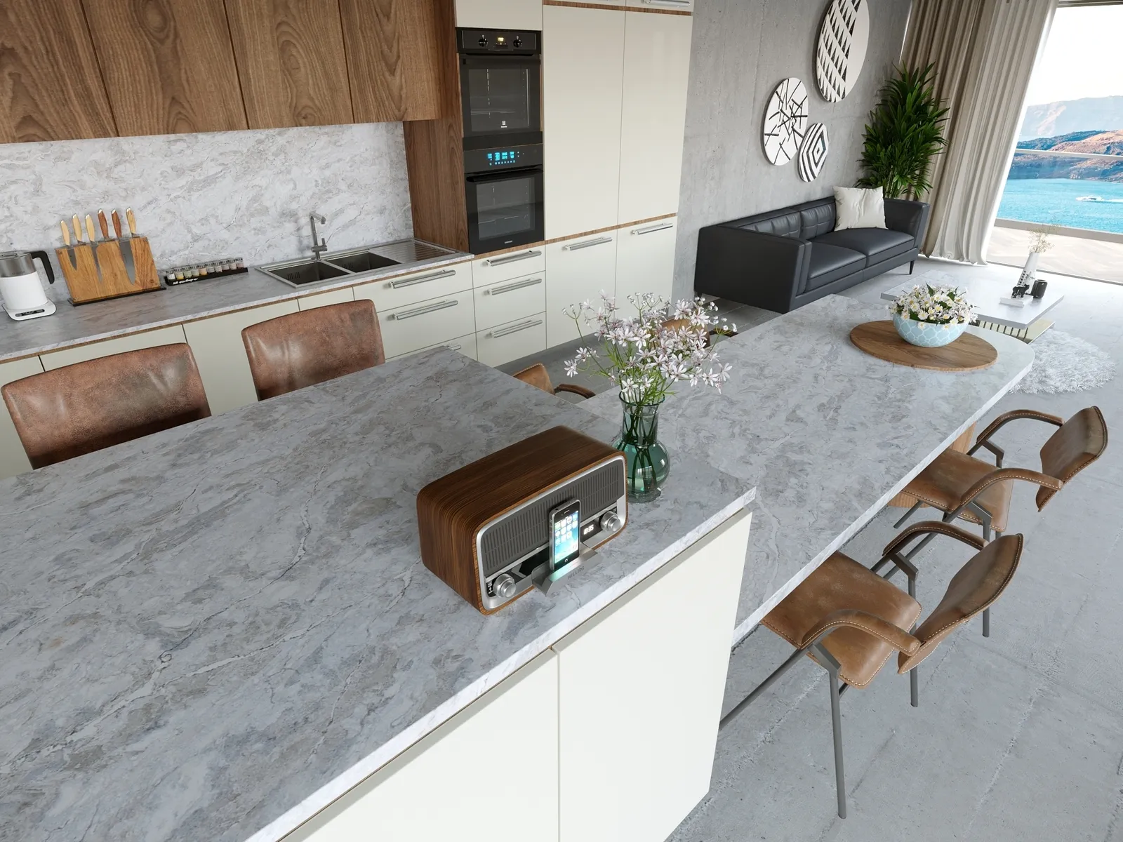 Image of installed Vicostone Moonglade White Quartz countertops