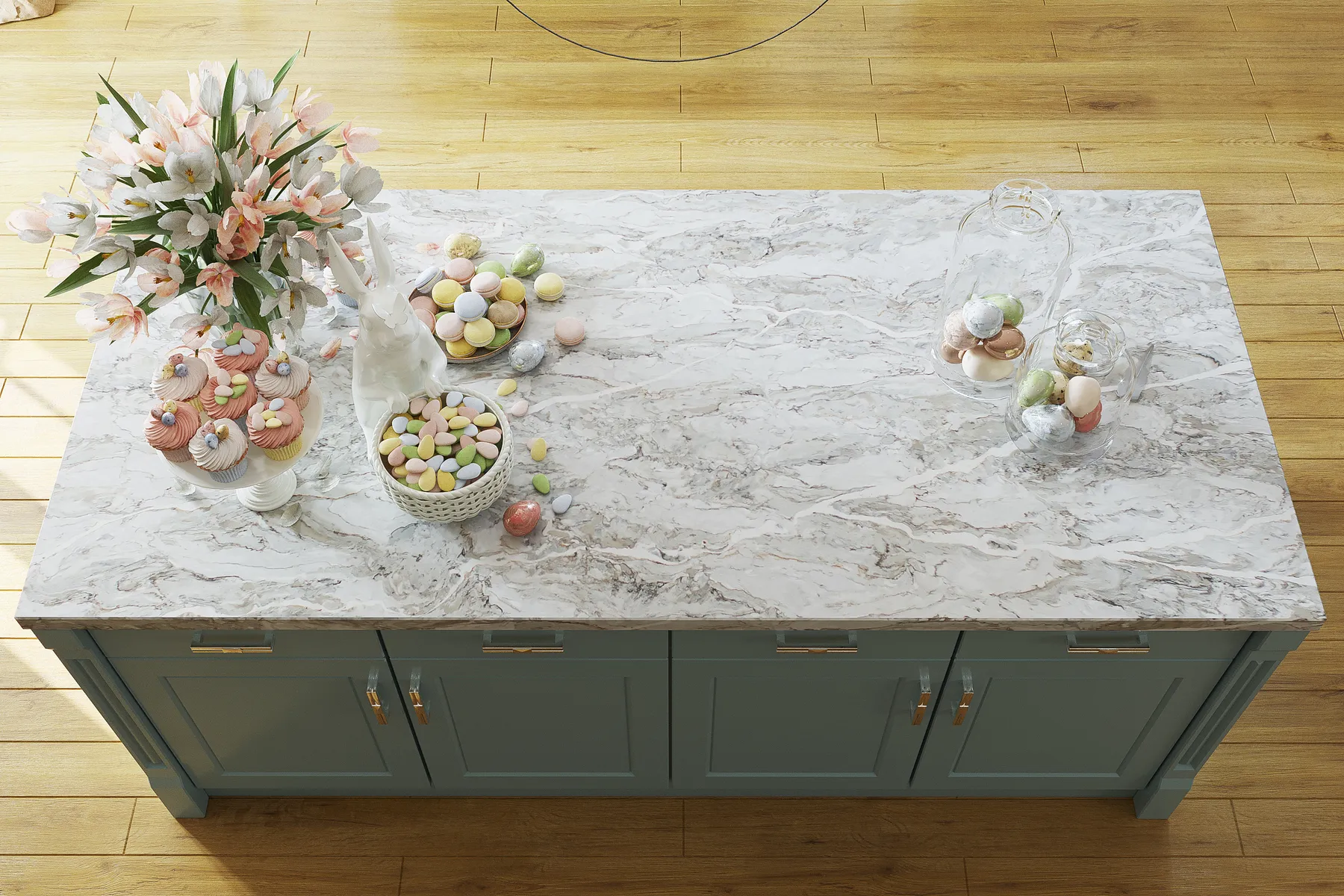 Image of installed Vicostone Moonglade White Quartz countertops