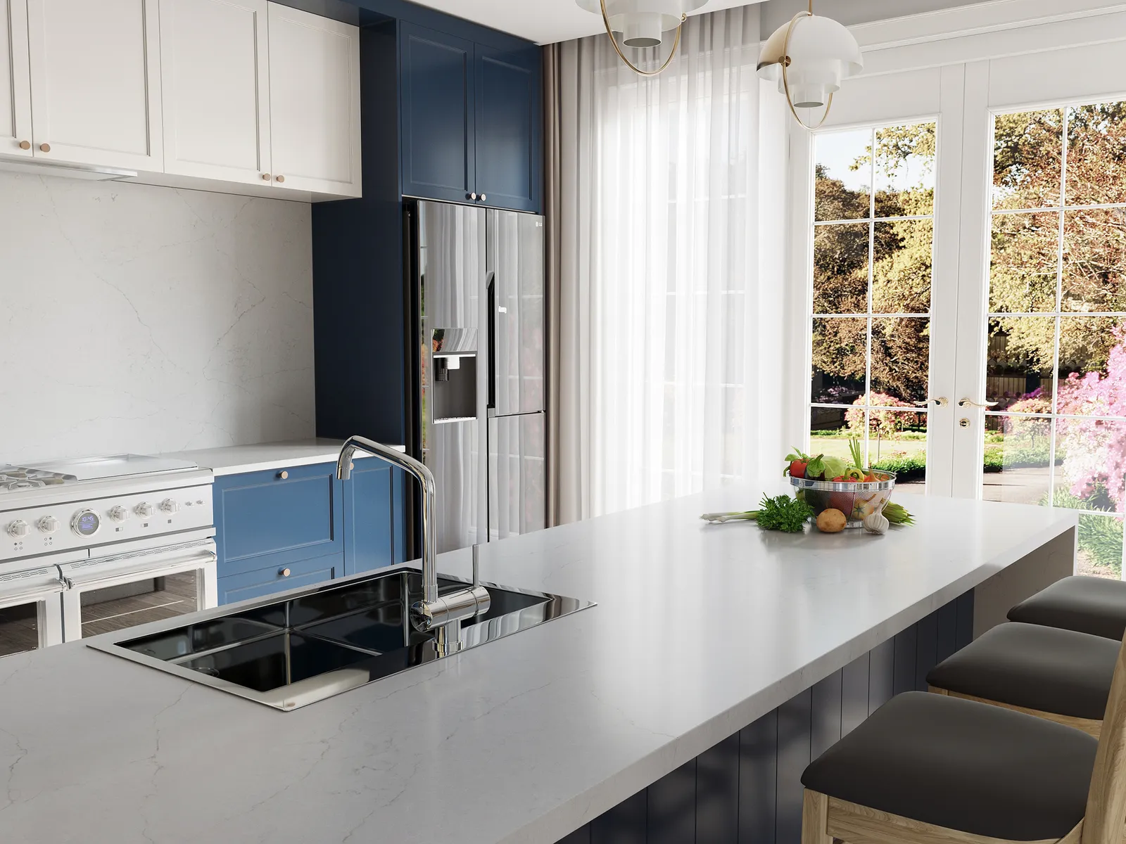 Image of installed Vicostone Parsenn White Quartz countertops