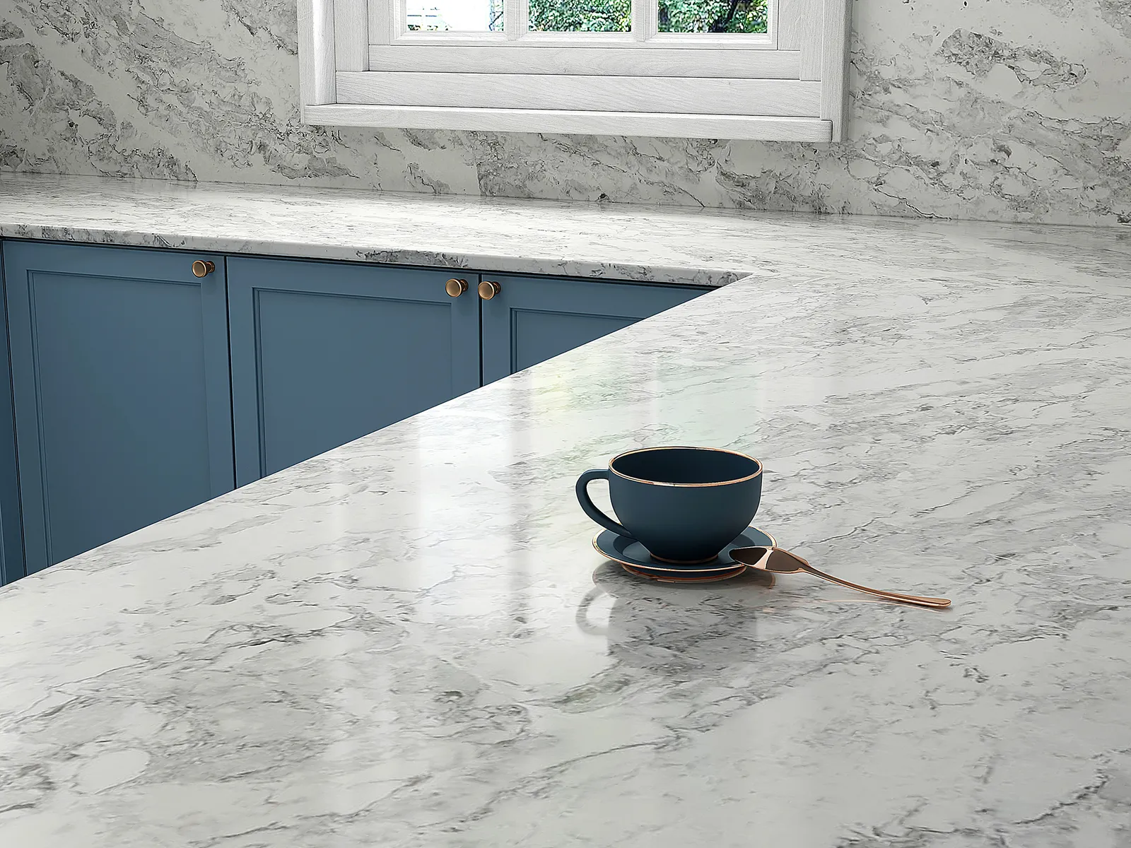 Image of installed Vicostone Splendix White Quartz countertops