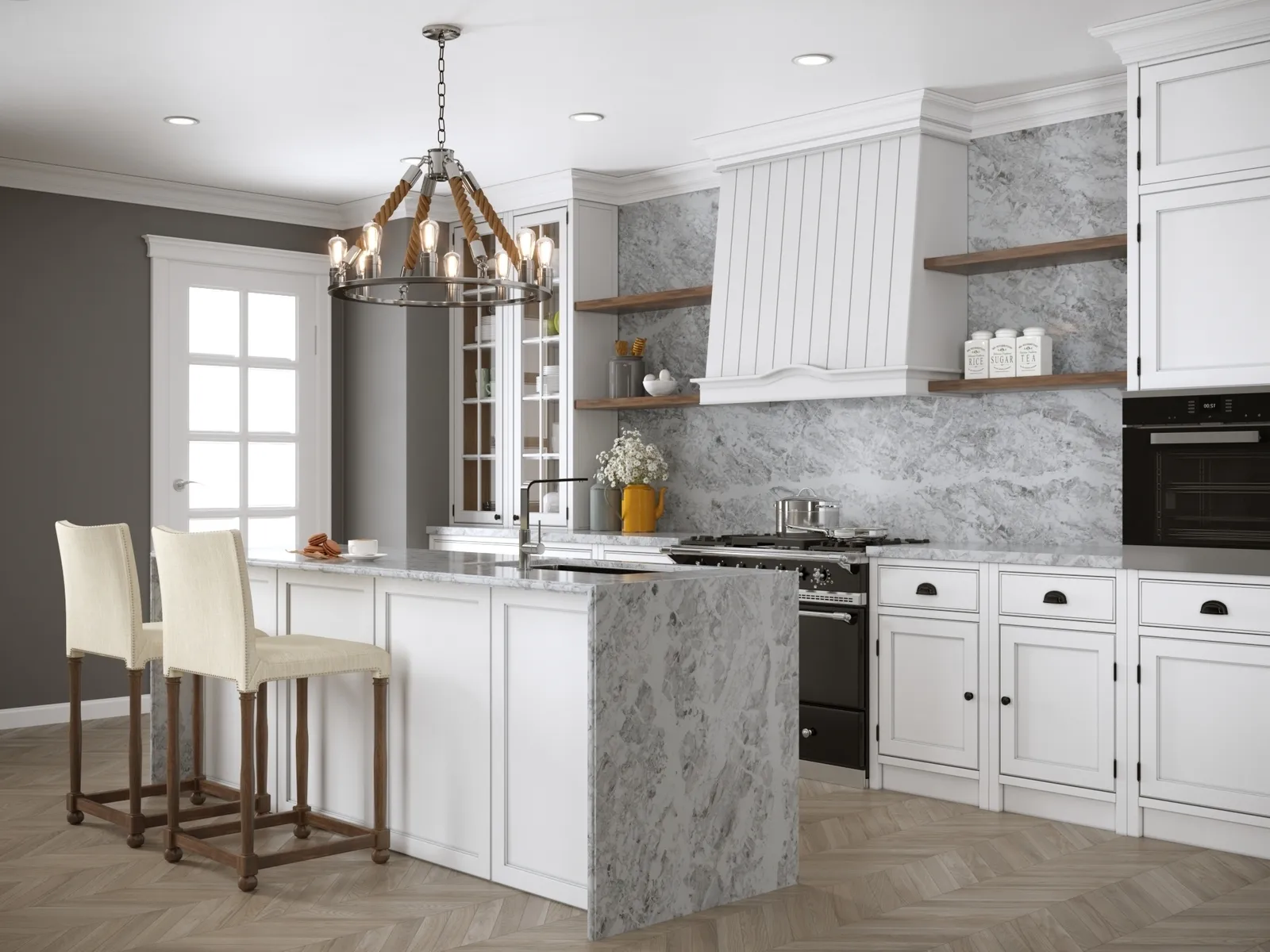 Image of installed Vicostone Splendix White Quartz countertops